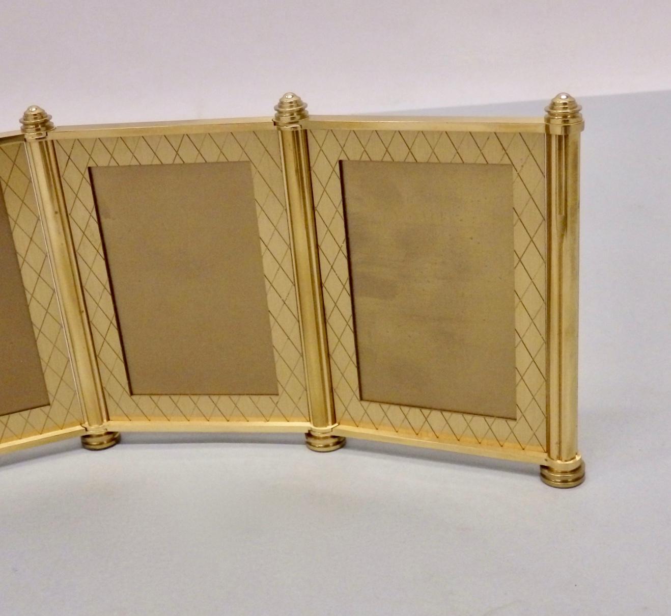 20th Century Swiss Made Machined Brass Desk Dresser Top Tri-Fold Picture Frames