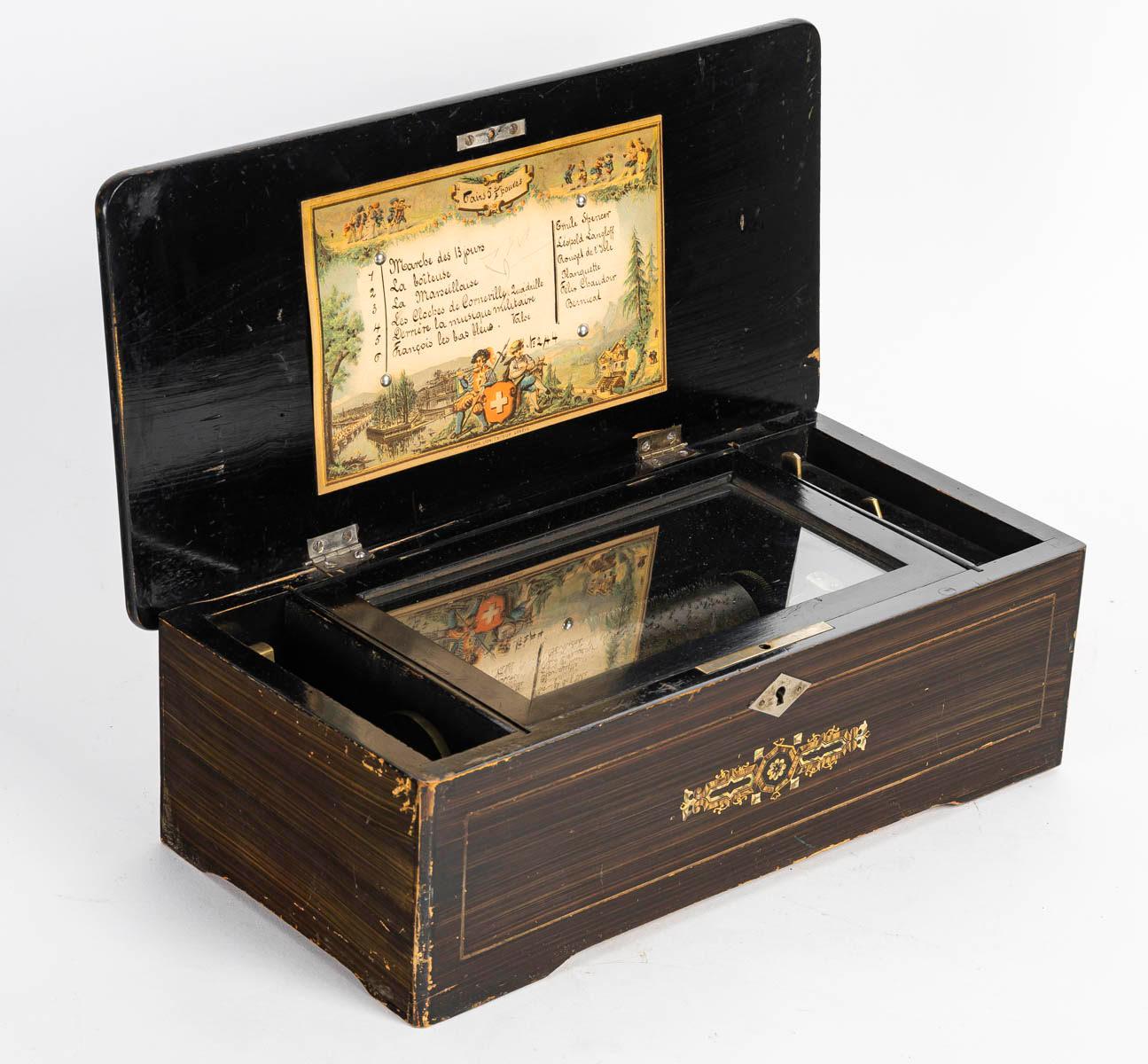 Schweizer Spieldose aus dem Ende des XIX. Jahrhunderts.

Schweizer Spieldose aus dem XIX. Jahrhundert, Periode Napoleon III, (kleine Beschädigung).
h: 10cm, B: 30cm, T: 18cm