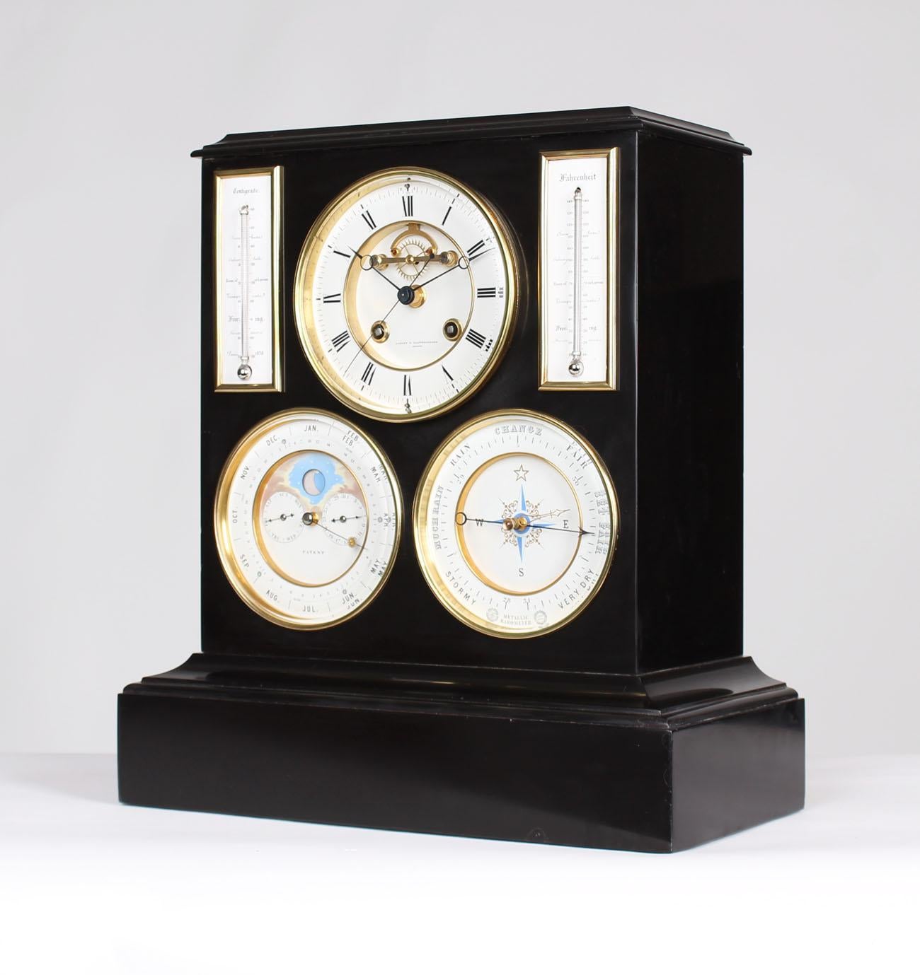 Napoleon III Swiss Mantel Clock, Barometer, Moon Phase and Perpetual Calendar, 19th Century For Sale