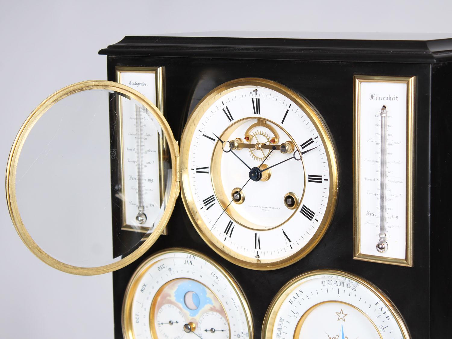 Enameled Swiss Mantel Clock, Barometer, Moon Phase and Perpetual Calendar, 19th Century For Sale