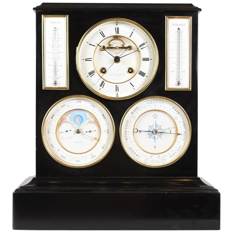 Swiss Mantel Clock, Barometer, Moon Phase and Perpetual Calendar, 19th Century For Sale
