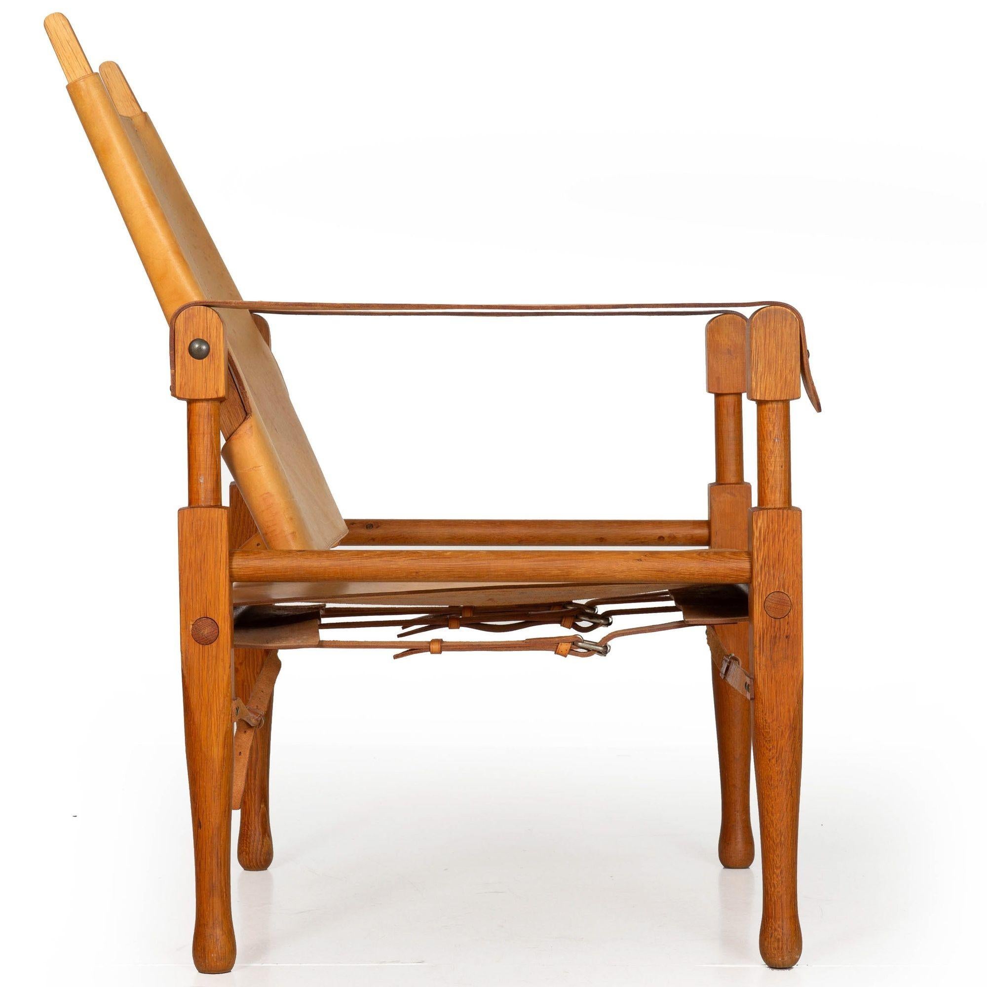 Brass Swiss Mid-Century Modern Leather and Oak Safari Chair by Wilhelm Kienzle For Sale