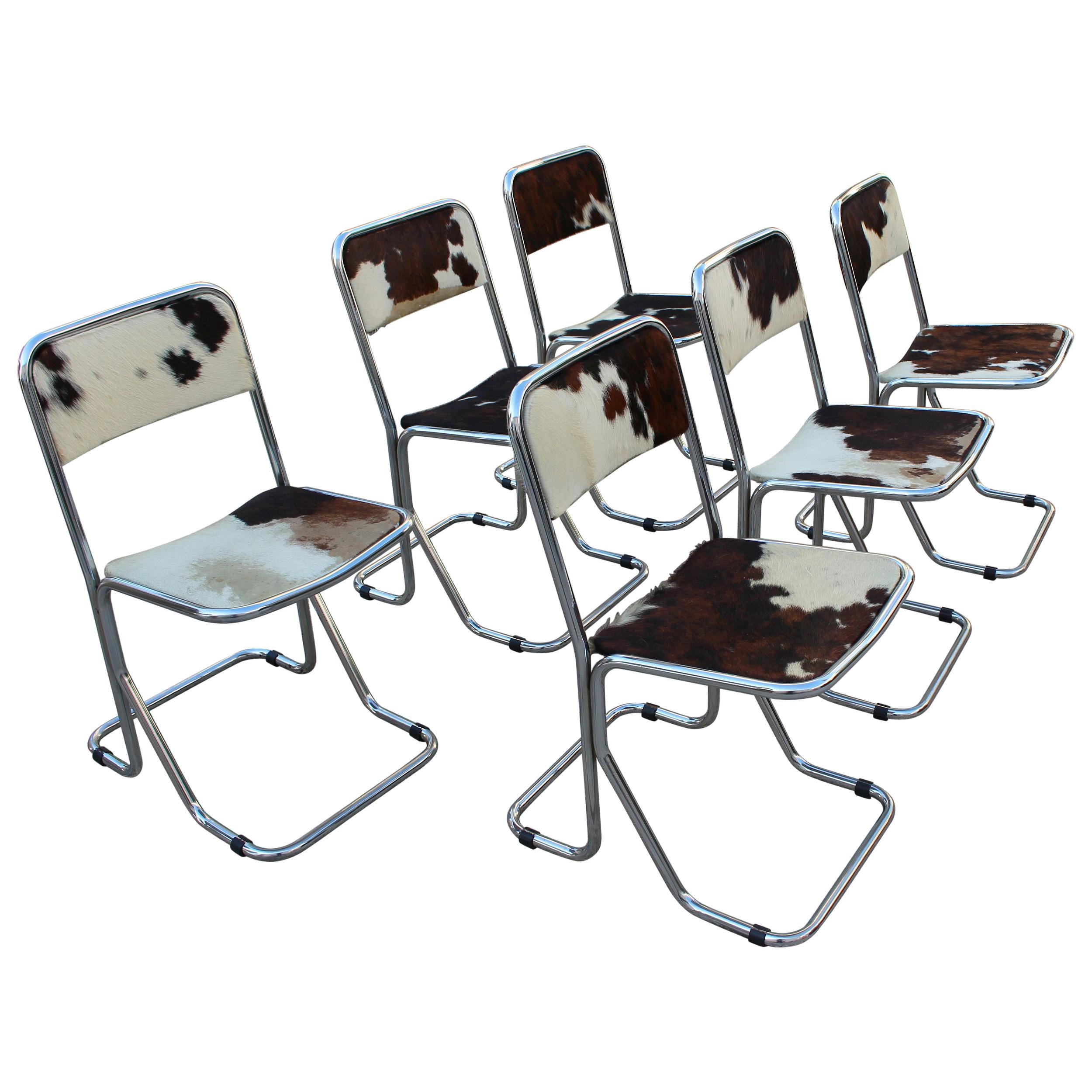 Swiss chrome set of 6 chairs, chairs are chrome base and pony upholstery original, 1970s.
  
 