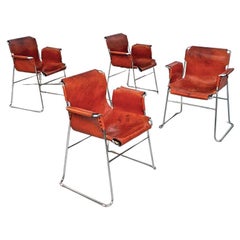 Swiss Mid-Century Modern Set of Cognac Leather Chairs and Chromed Legs, 1970s Swiss Mid-Century Modern Set of Cognac Leather Chairs and Chromed Legs, 1970s