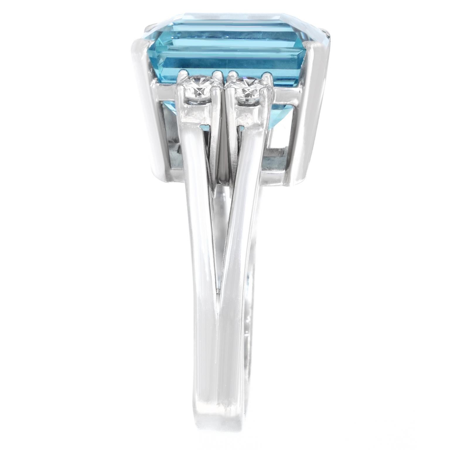 Emerald Cut Swiss Modern Aquamarine and Diamond Ring For Sale