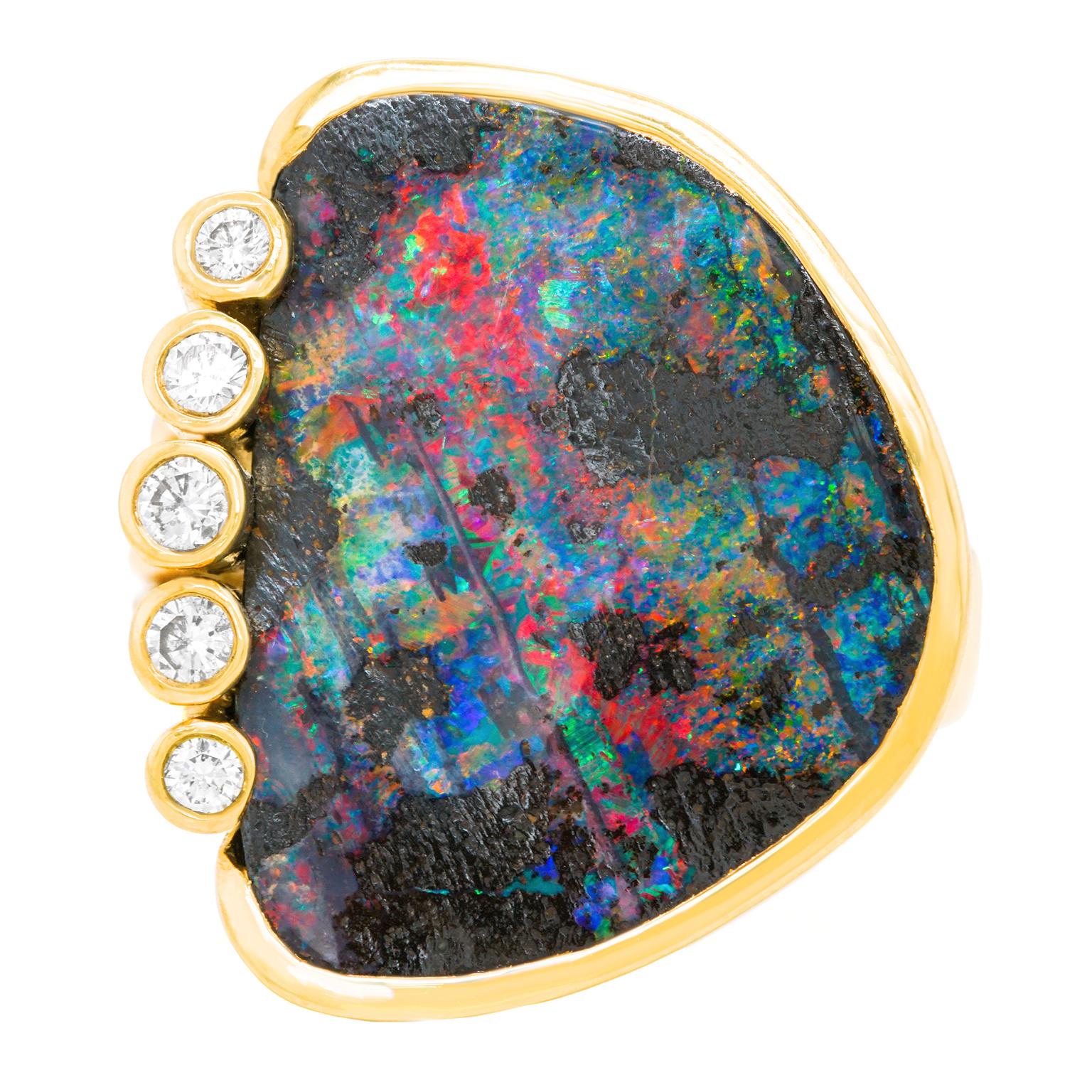 Schweizer moderner Ring aus schwarzem Opal, Diamant und Gold (Gemischter Schliff) im Angebot