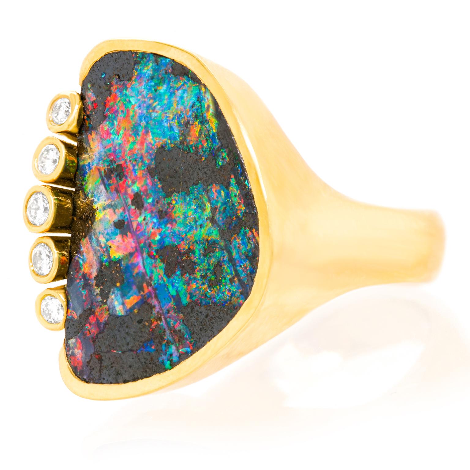 Swiss Modern Black Opal Diamond and Gold Ring In Excellent Condition For Sale In Litchfield, CT