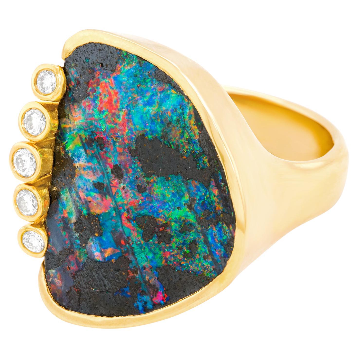 Swiss Modern Black Opal Diamond and Gold Ring For Sale