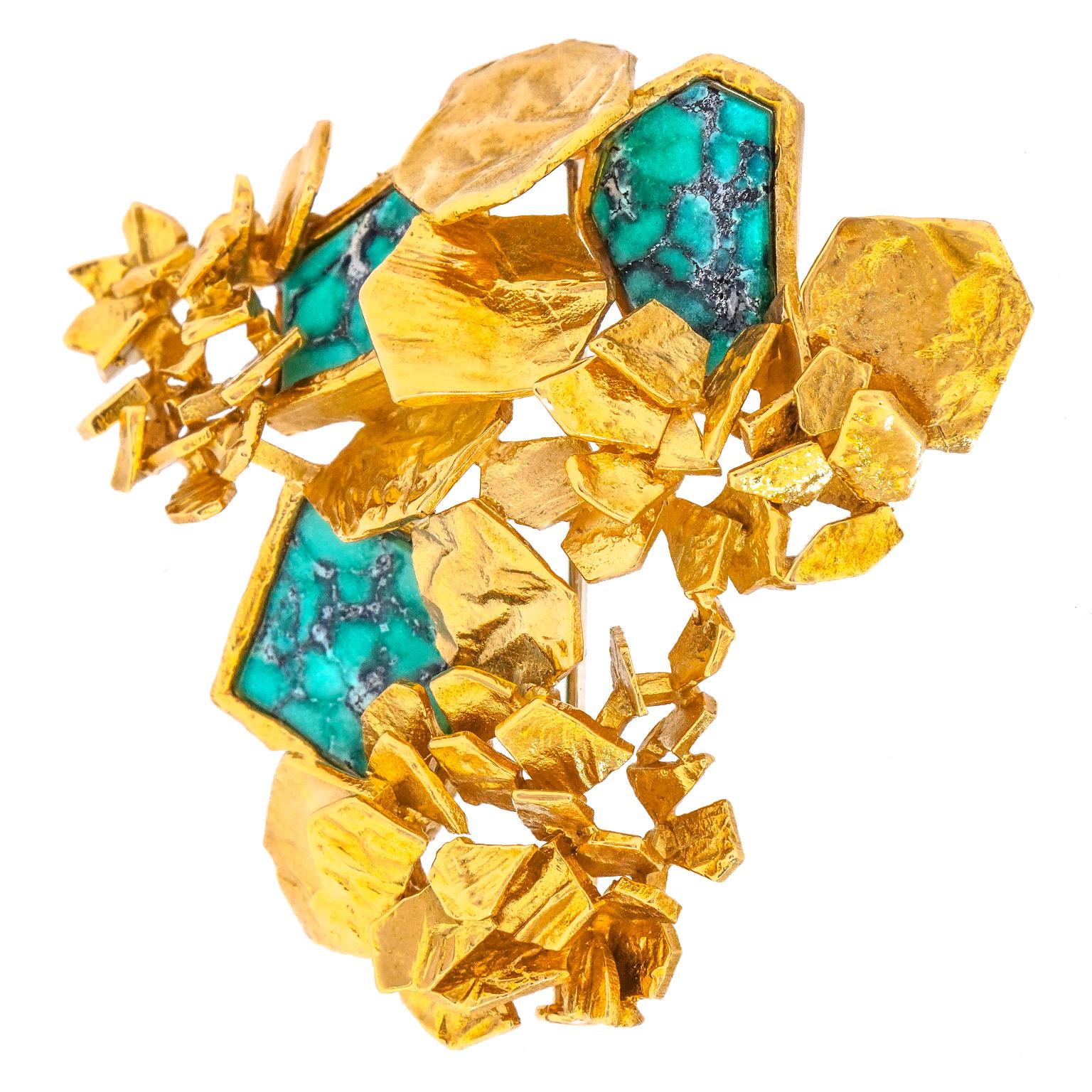 Swiss Modern Sixties Turquoise and Gold Brooch For Sale 4