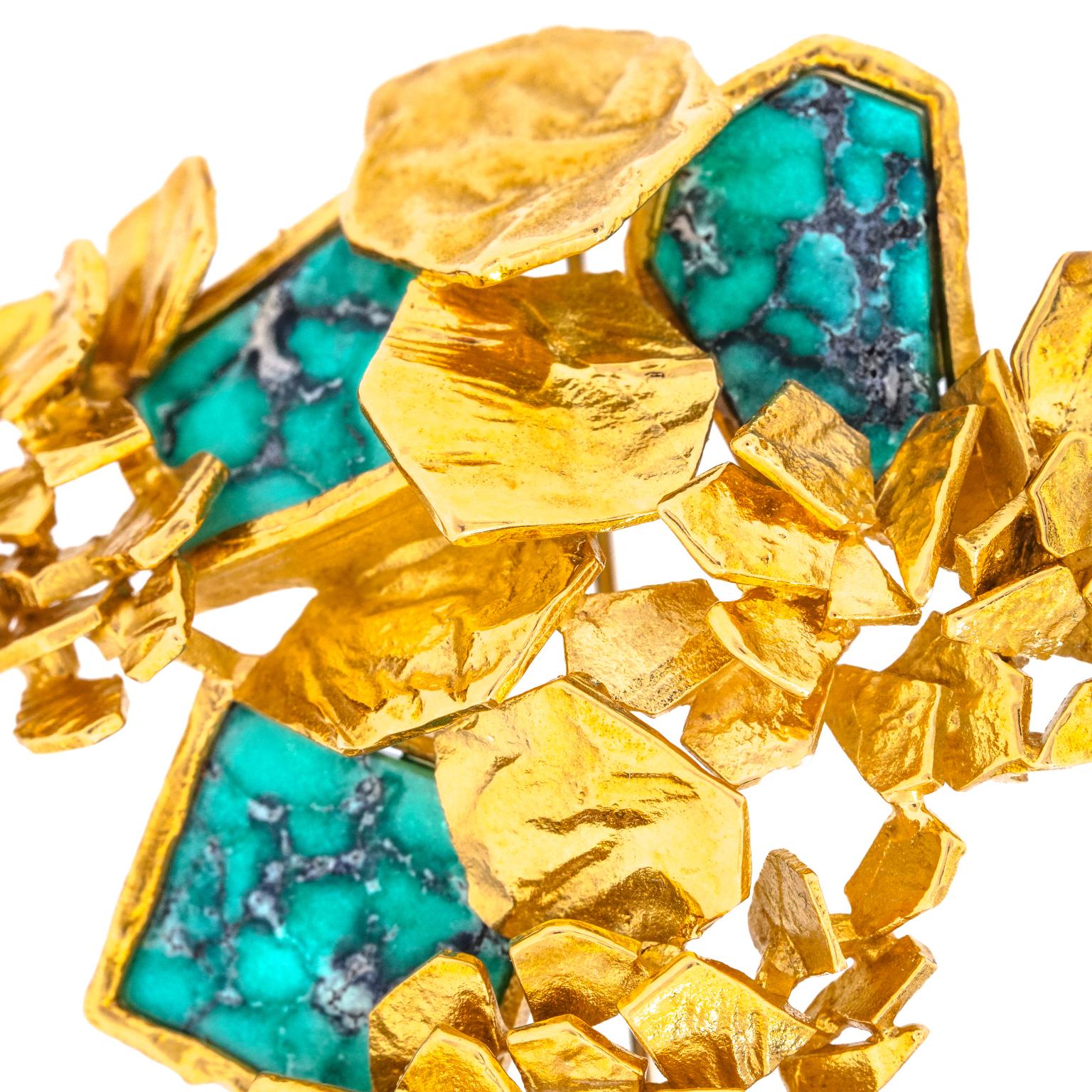Swiss Modern Sixties Turquoise and Gold Brooch In Excellent Condition For Sale In Litchfield, CT