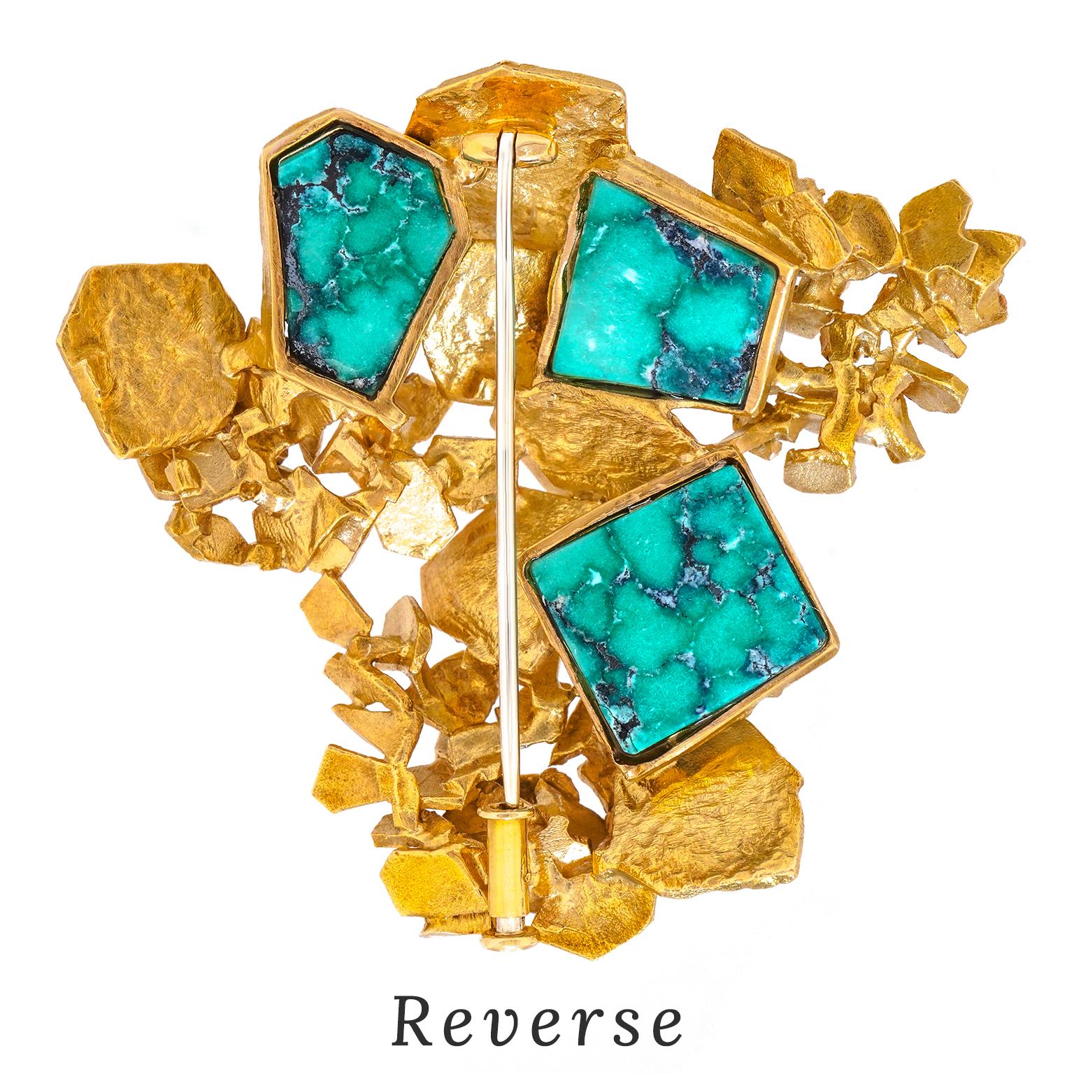 Swiss Modern Sixties Turquoise and Gold Brooch For Sale 1