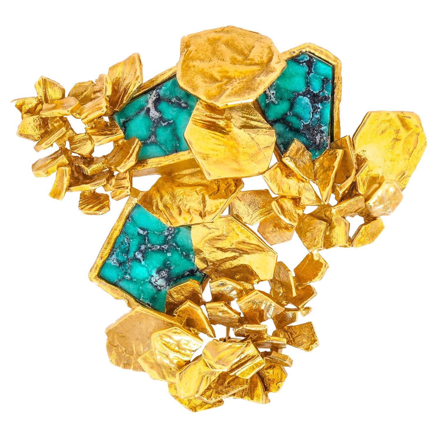 Swiss Modern Sixties Turquoise and Gold Brooch For Sale