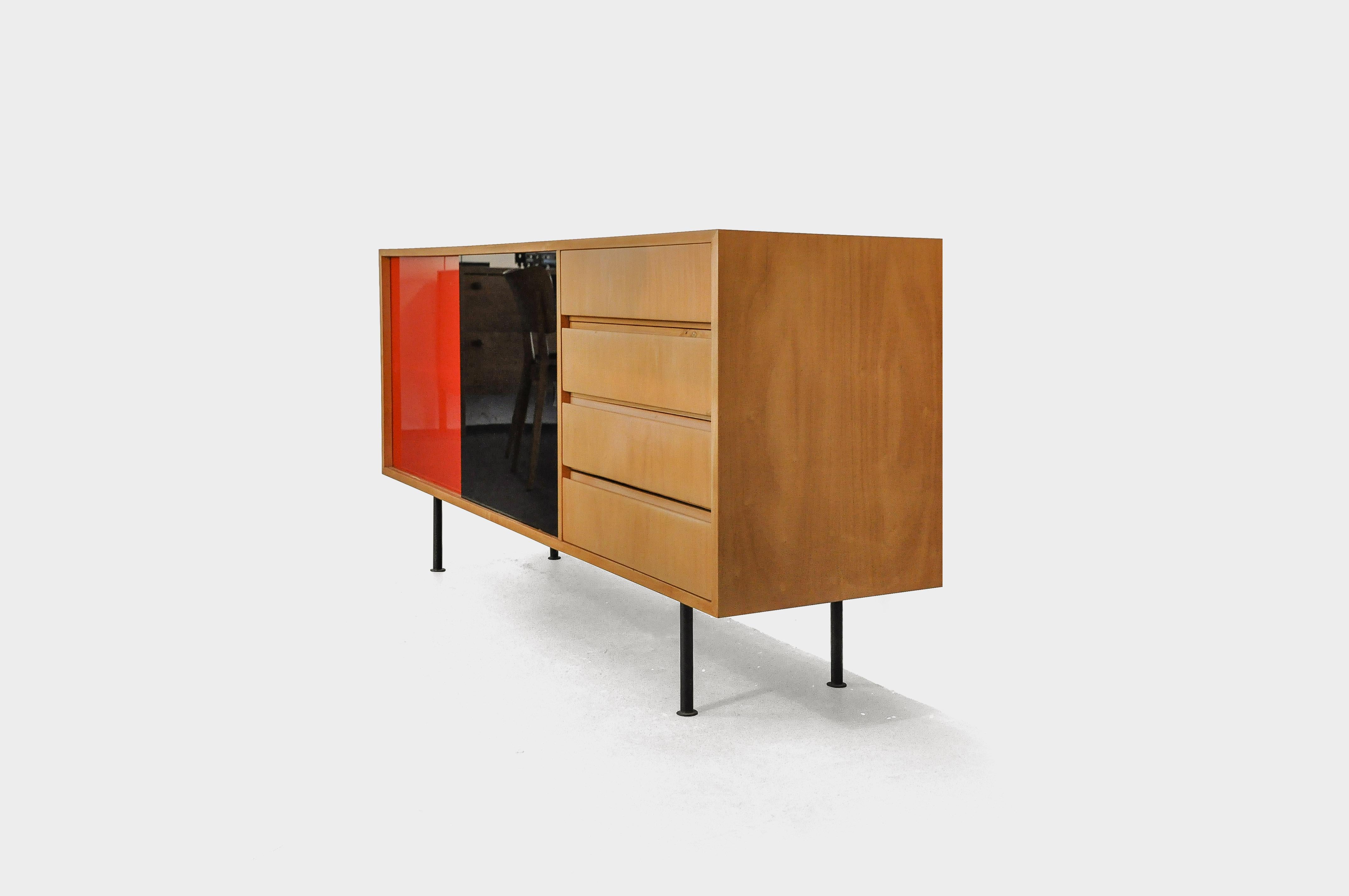 Mid-20th Century Swiss Modernist Sideboard with Red and Black Glass Sliding Doors, 1960s For Sale