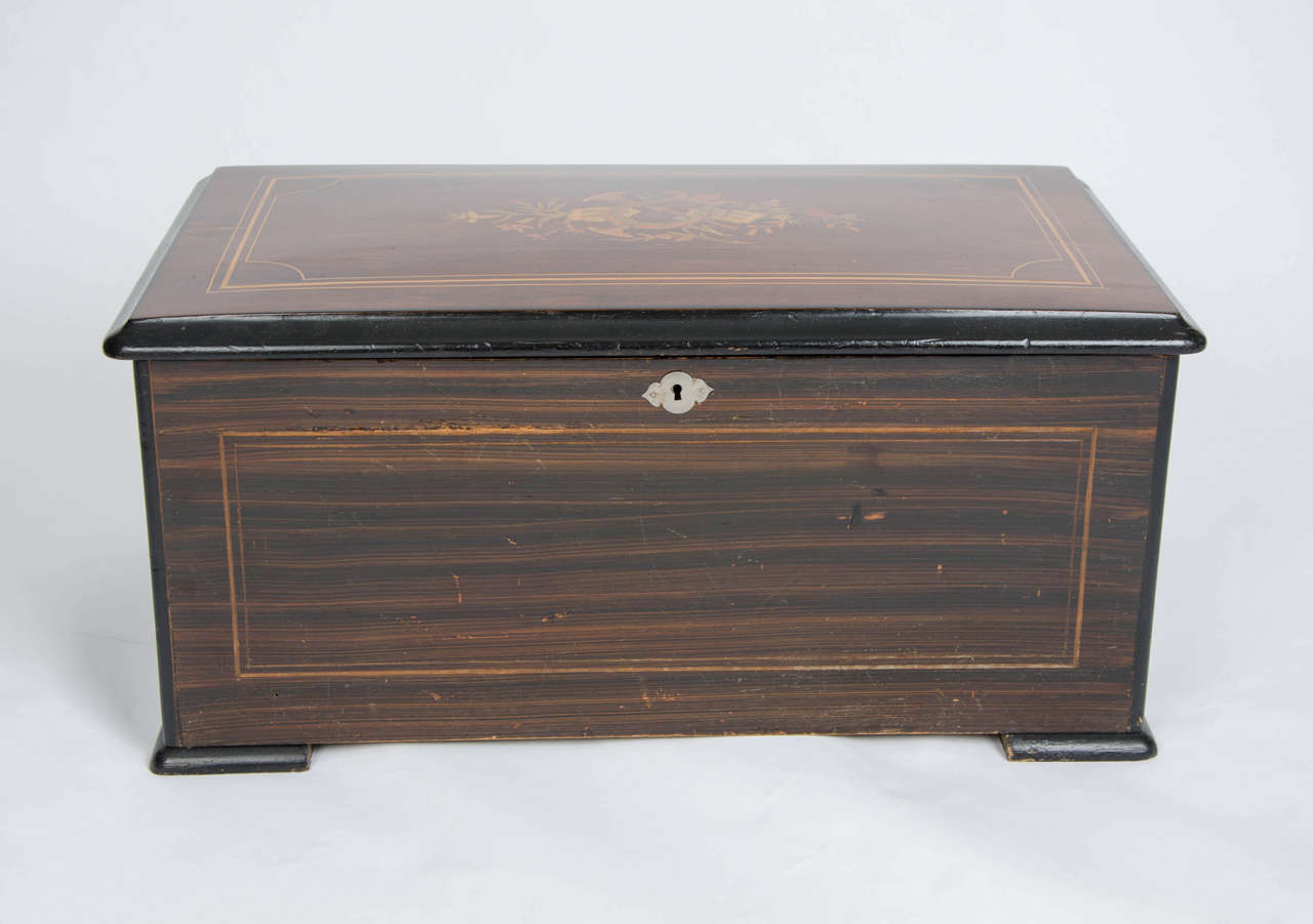 This is a fine quality Swiss 10 Air Music box, dating to circa 1880. 

The mechanical mechanism is housed in a hardwood box, possibly mahogany, which has various good inlays. To the top is a marquetry musical scene with inlays of other hardwoods.
