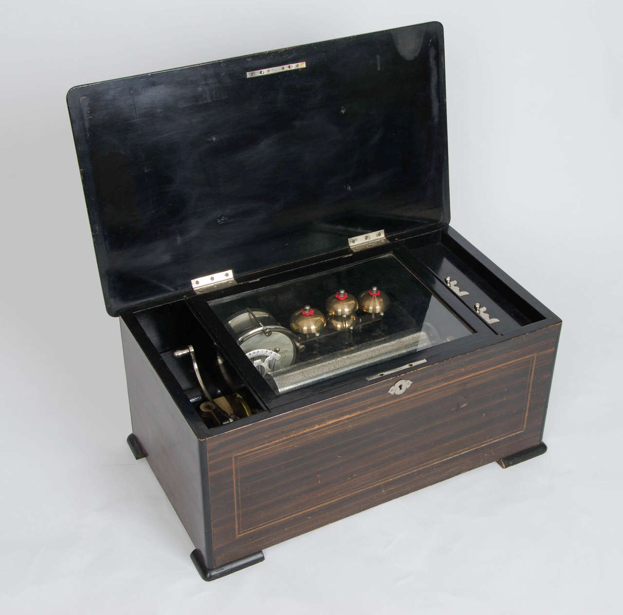 Victorian Swiss Music Box with Ten Airs Drums and Bells Finely Inlaid Marquetry circa 1880