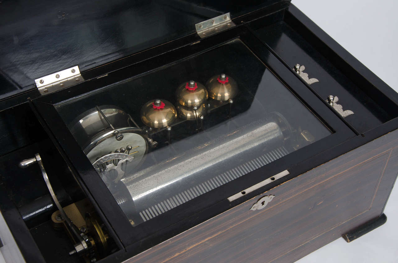 Hand-Crafted Swiss Music Box with Ten Airs Drums and Bells Finely Inlaid Marquetry circa 1880