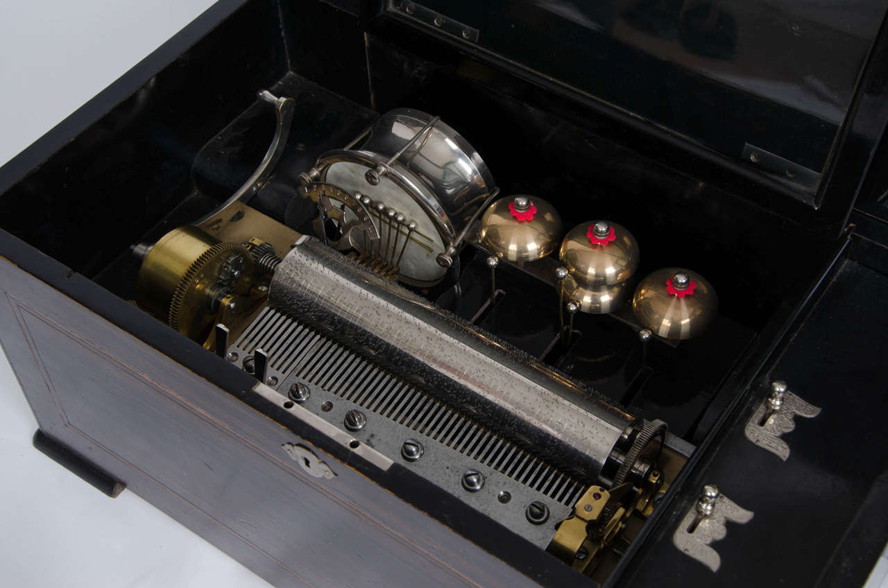 Steel Swiss Music Box with Ten Airs Drums and Bells Finely Inlaid Marquetry circa 1880