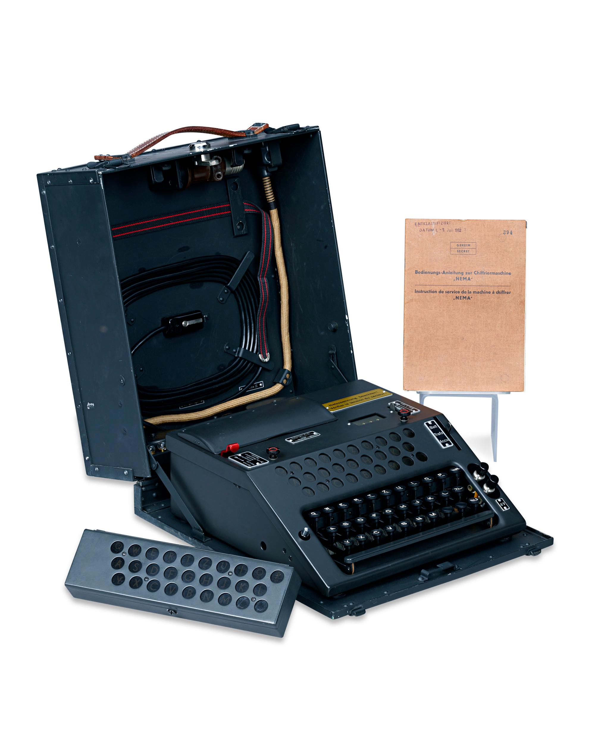 This Swiss-engineered cipher machine is a fascinating piece of 20th-century military and engineering history, and this particular example is one of the few rare models intended as a war machine. Called the NEMA, short for the Neue Machine, or “New