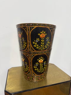 Swiss or Anglo-Indian Hand-Painted Slatwood Wastebasket With Tole Striping