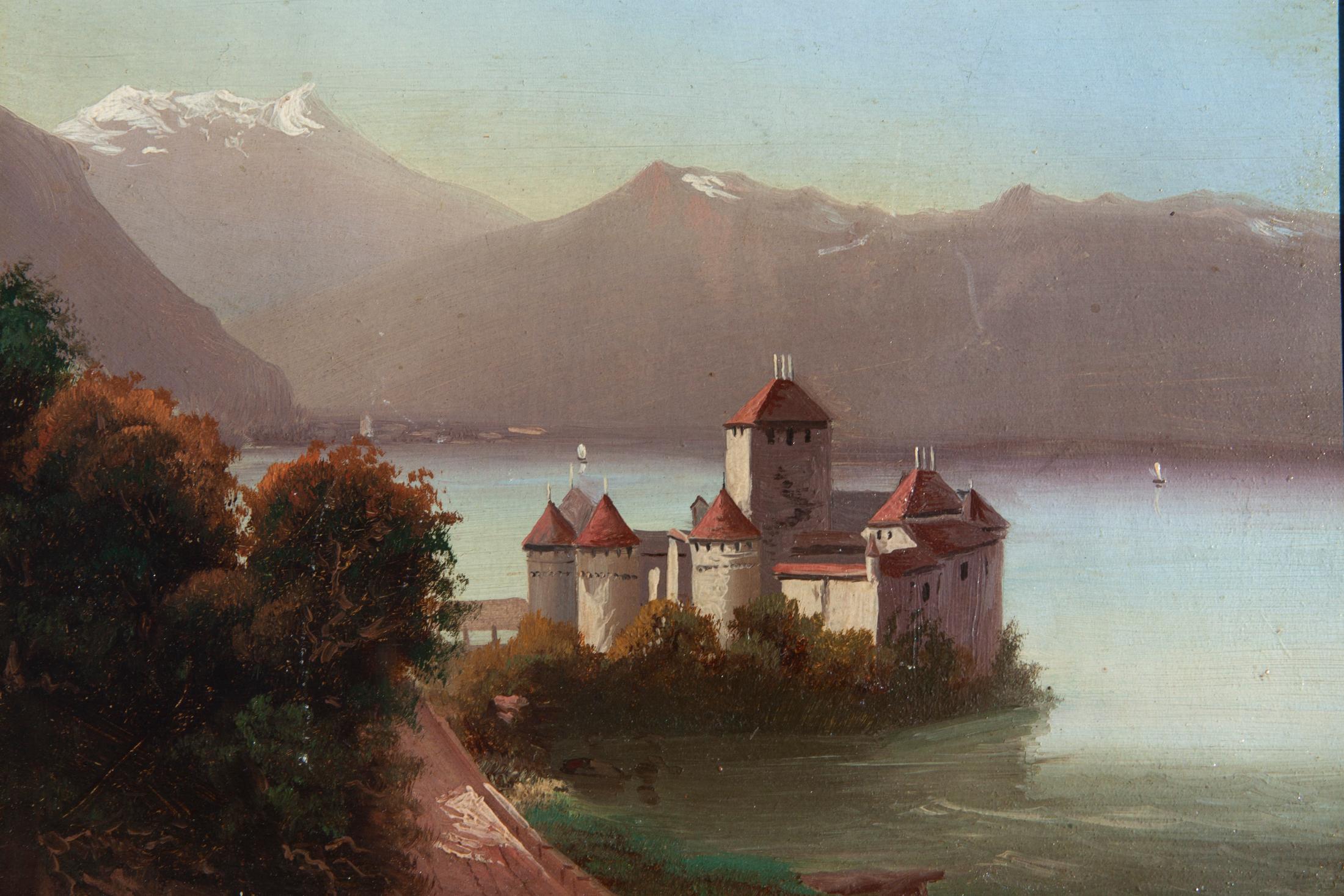 Hand-Painted Swiss Painting of the Chateau de Chillon on Lake Geneva For Sale