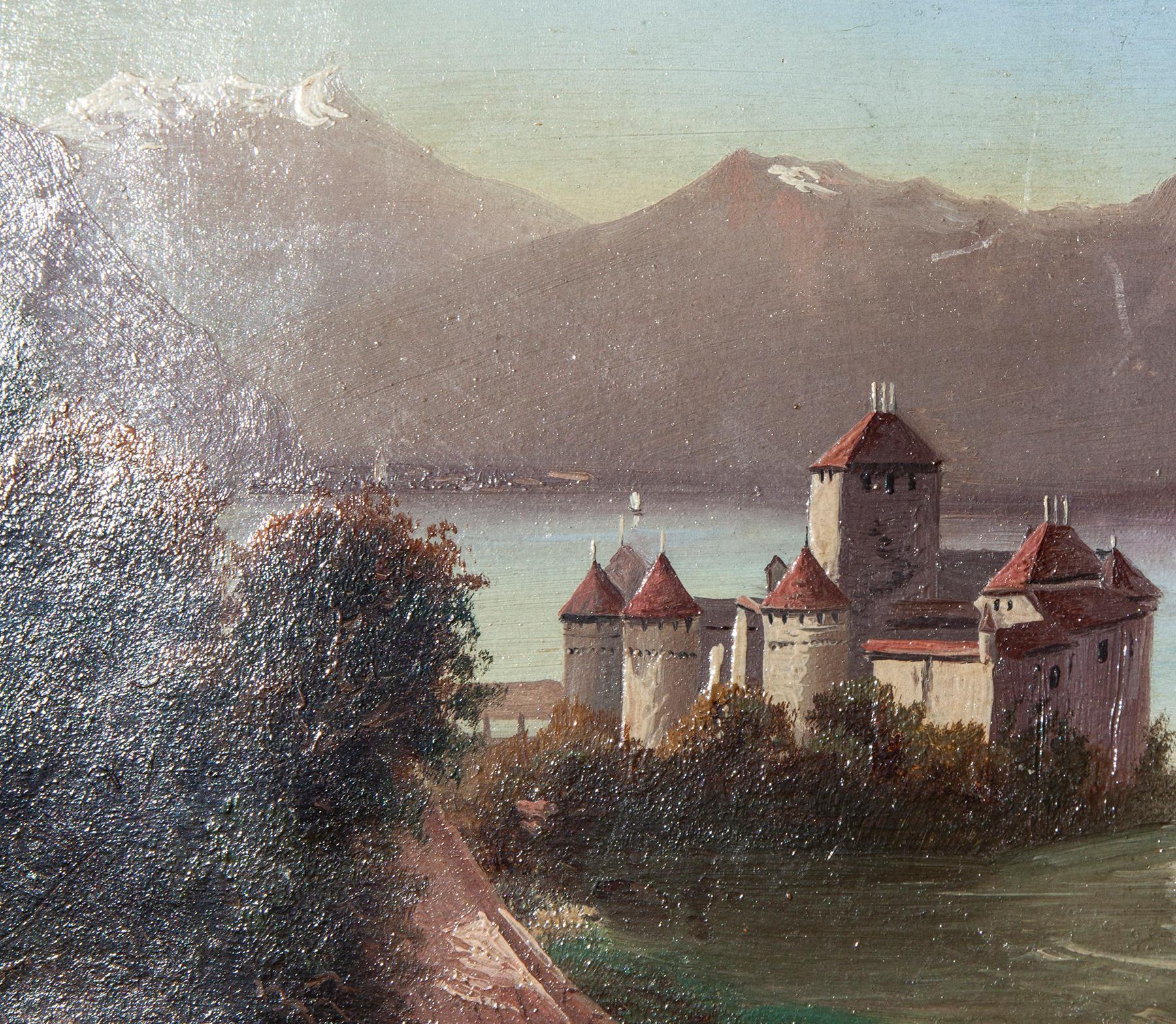 Swiss Painting of the Chateau de Chillon on Lake Geneva In Good Condition For Sale In Malibu, CA