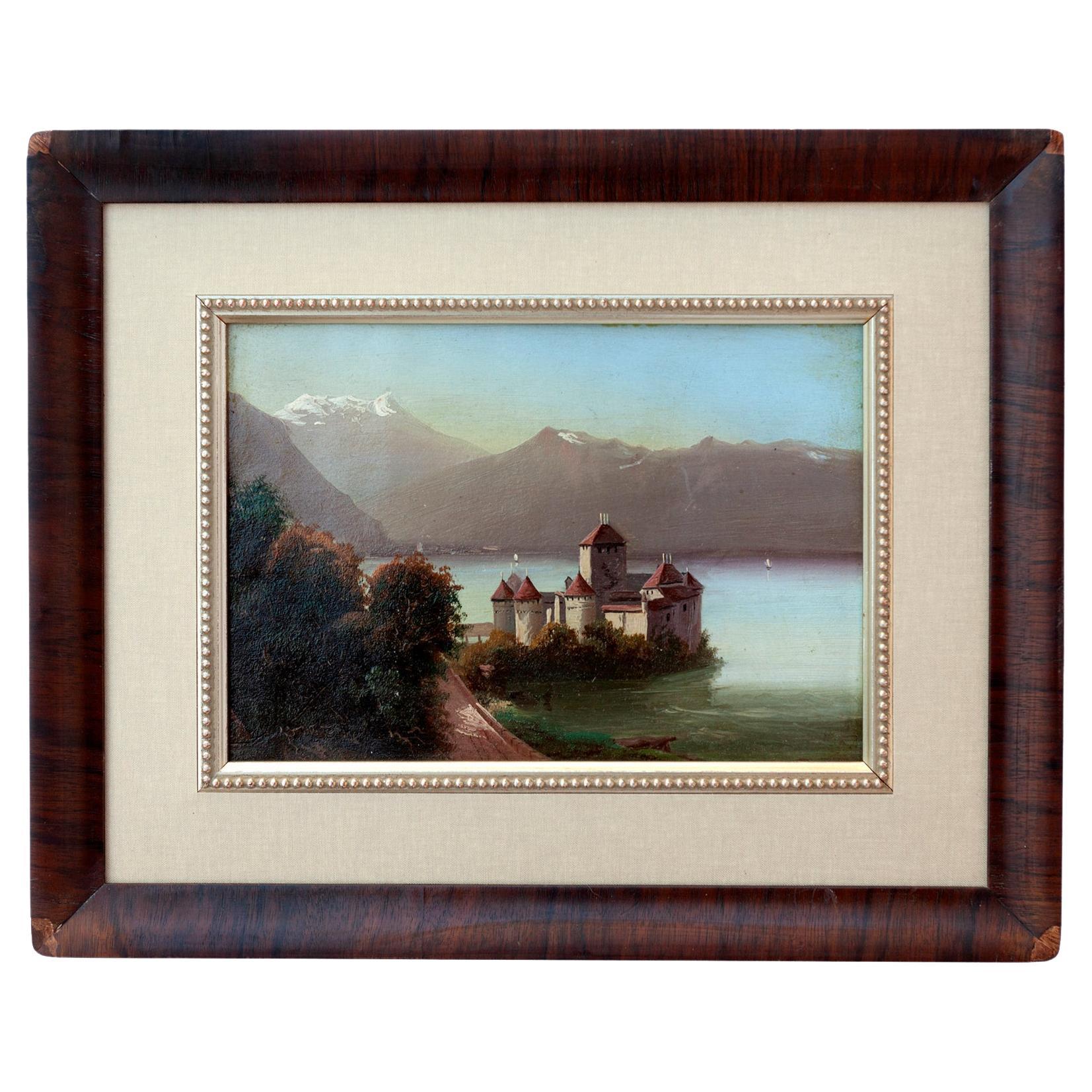 Swiss Painting of the Chateau de Chillon on Lake Geneva For Sale