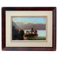 Antique Swiss Painting of the Chateau de Chillon on Lake Geneva