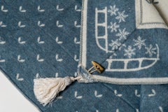 Light Blue Swiss Wool Plaid Blanket with Mountain Motifs