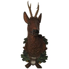 Swiss Realistic Hand Carved Deer Head with Real Antlers, 19th Century