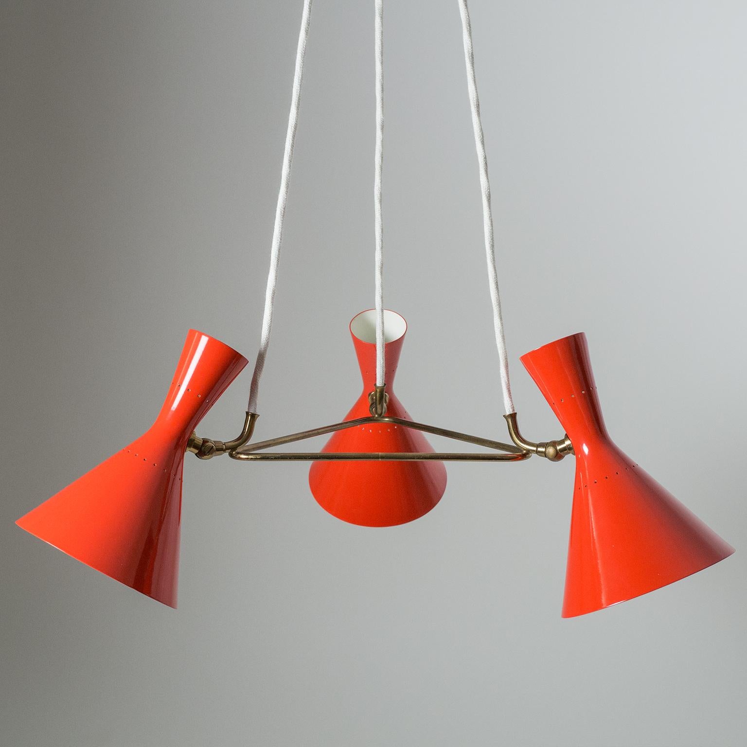 Brass Red Cone Chandelier, 1950s For Sale