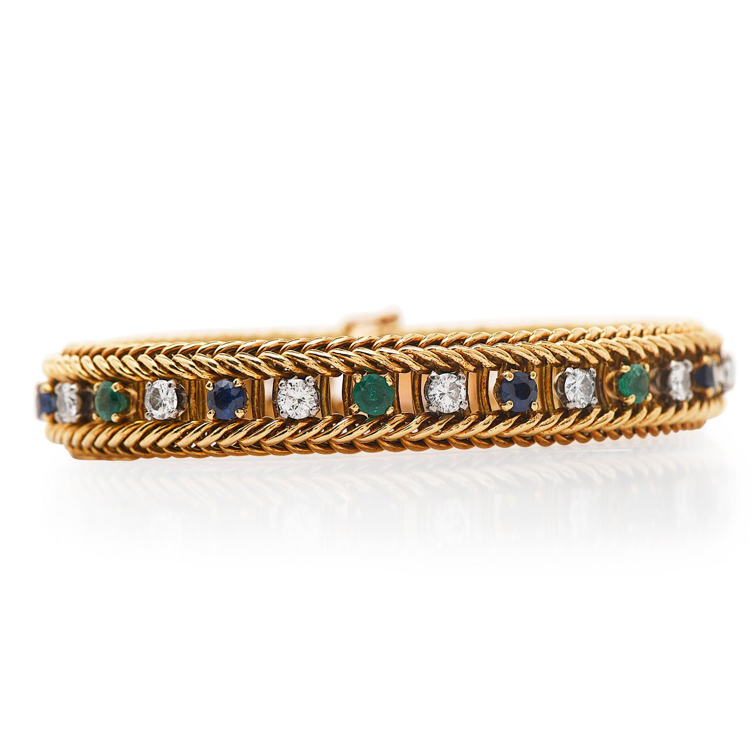 Round Cut Swiss Retro Diamond Sapphire Emerald 18K Gold Chain Link Bracelet 