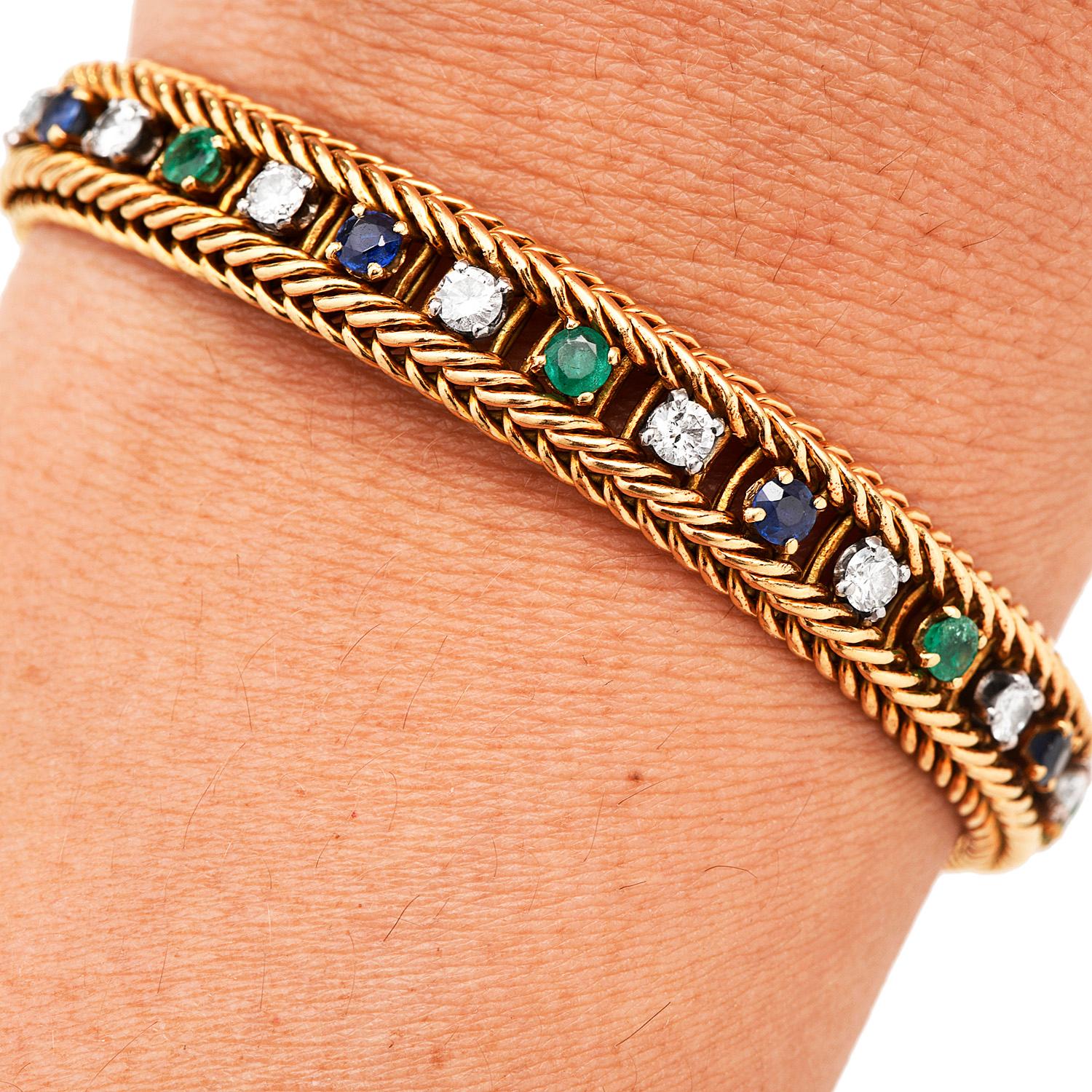 Women's Swiss Retro Diamond Sapphire Emerald 18K Gold Chain Link Bracelet 