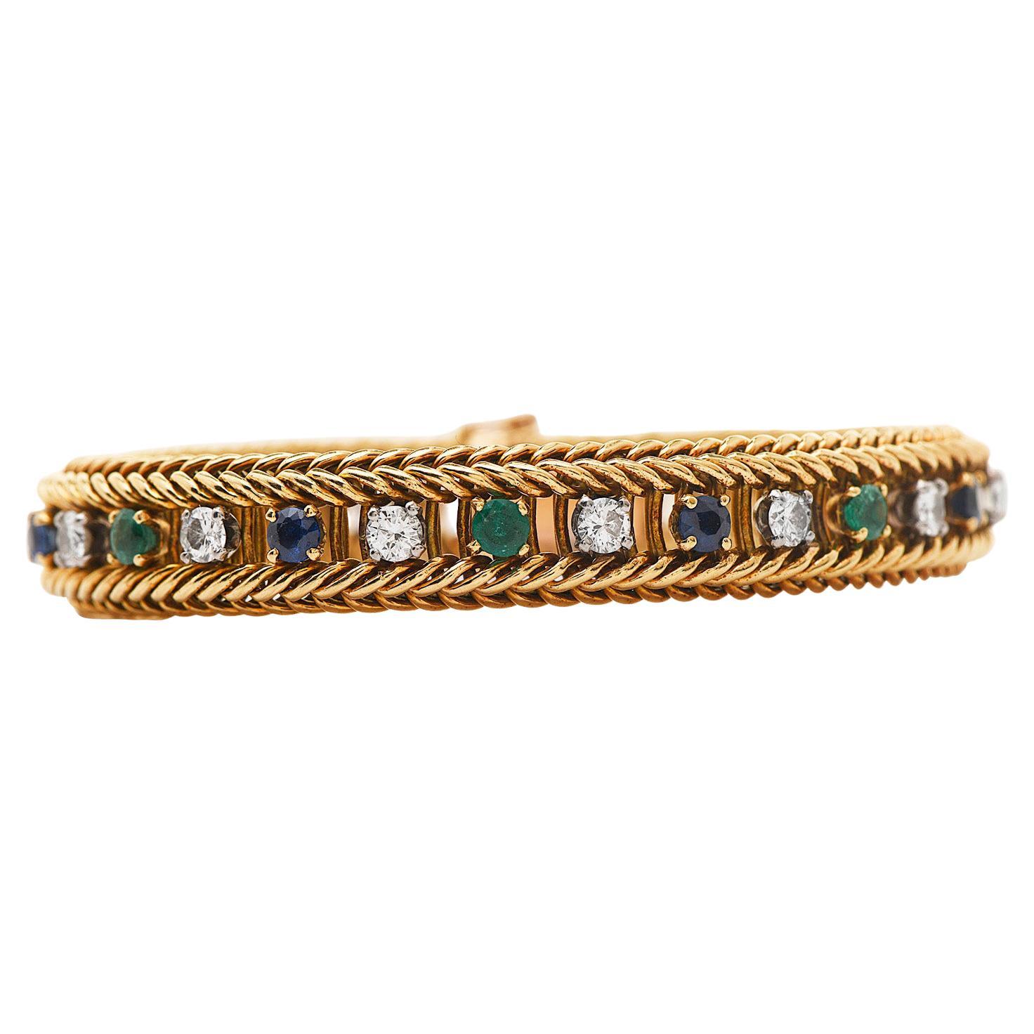 Swiss Retro Diamond Sapphire Emerald 18K Gold Chain Link Bracelet 