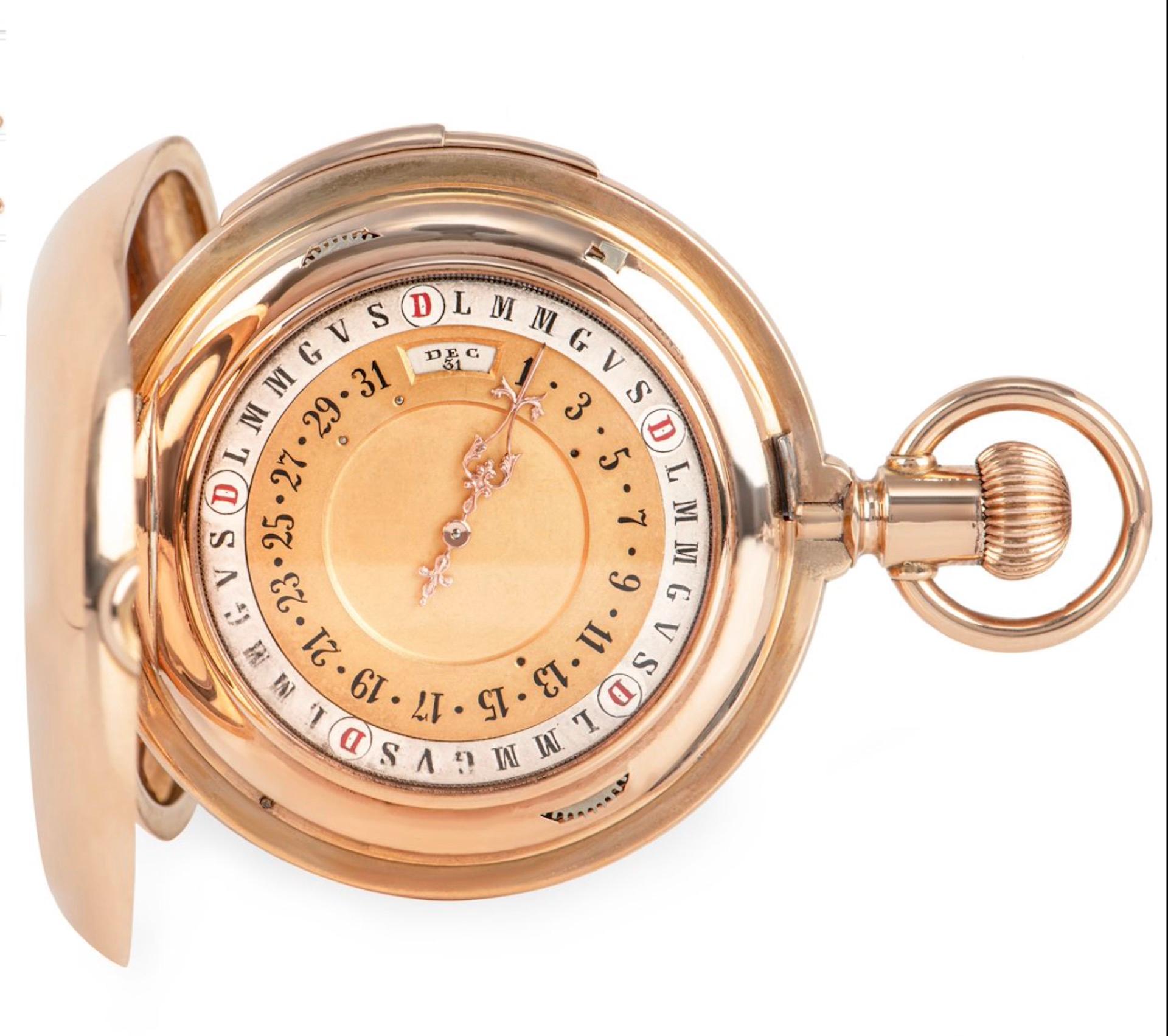 A heavy Swiss 18ct rose gold 58mm, double sided calendar quarter repeater keyless lever pocket watch, C1900s.

Dial: The white enamel dial with Arabic numerals and outer minute track, subsidiary seconds dial at six and original blued steel spade