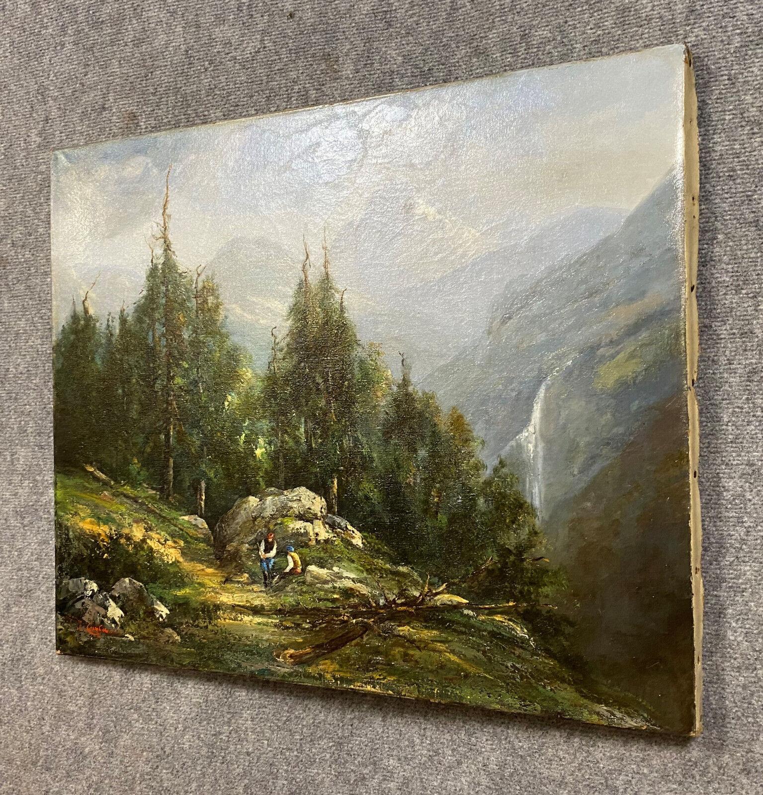 Transport yourself to the serene beauty of the Swiss mountains with this captivating oil painting on canvas, created by an artist from the Swiss School circa 1880-1900. Featuring a lively mountain landscape, this artwork showcases vibrant colors and