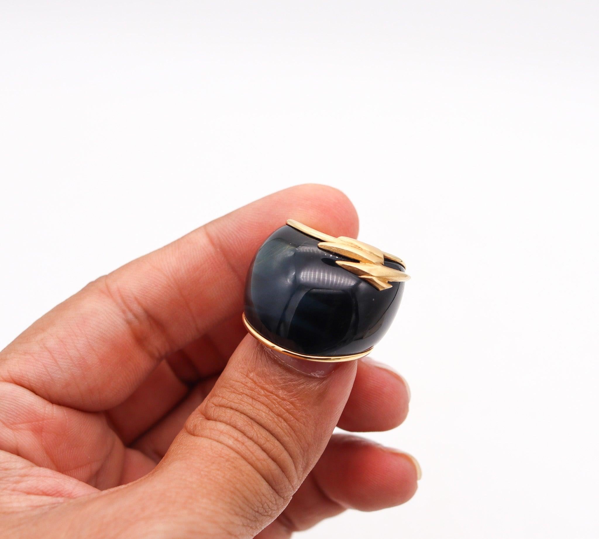 SWISS Sculptural Hawk Eye Gemstone Cocktail Ring Band In 18Kt Yellow Gold 5