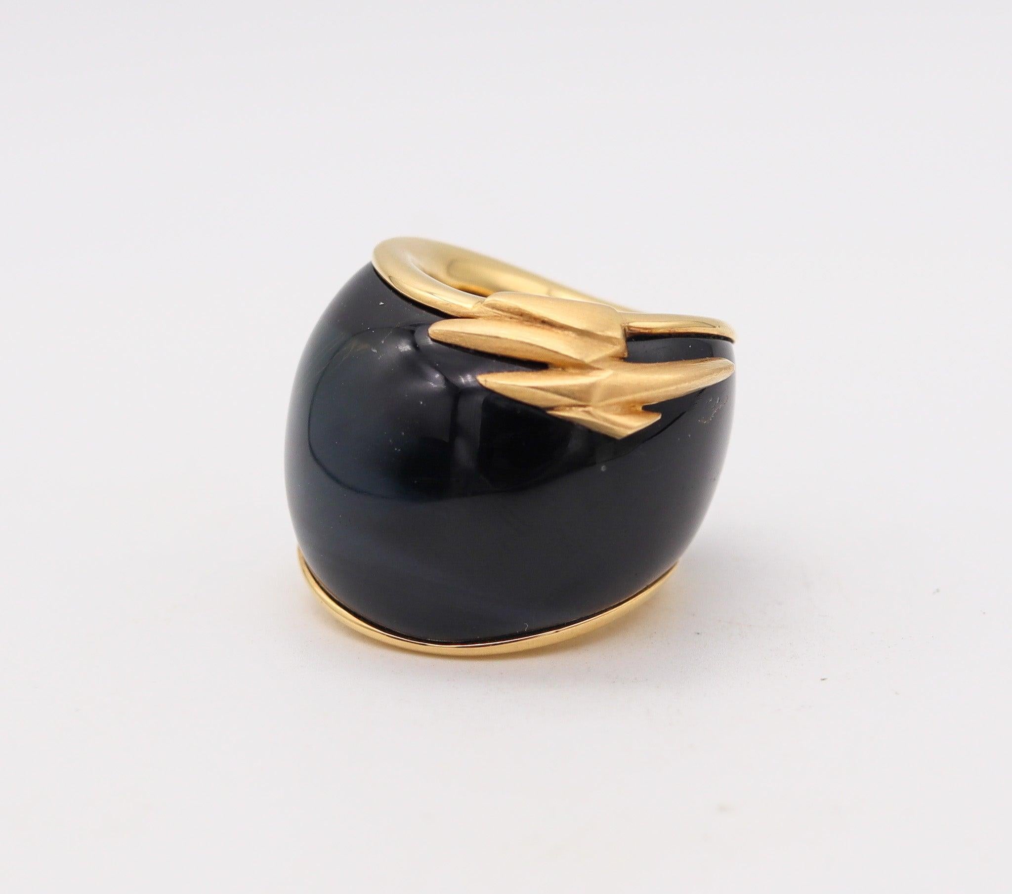 Cabochon SWISS Sculptural Hawk Eye Gemstone Cocktail Ring Band In 18Kt Yellow Gold