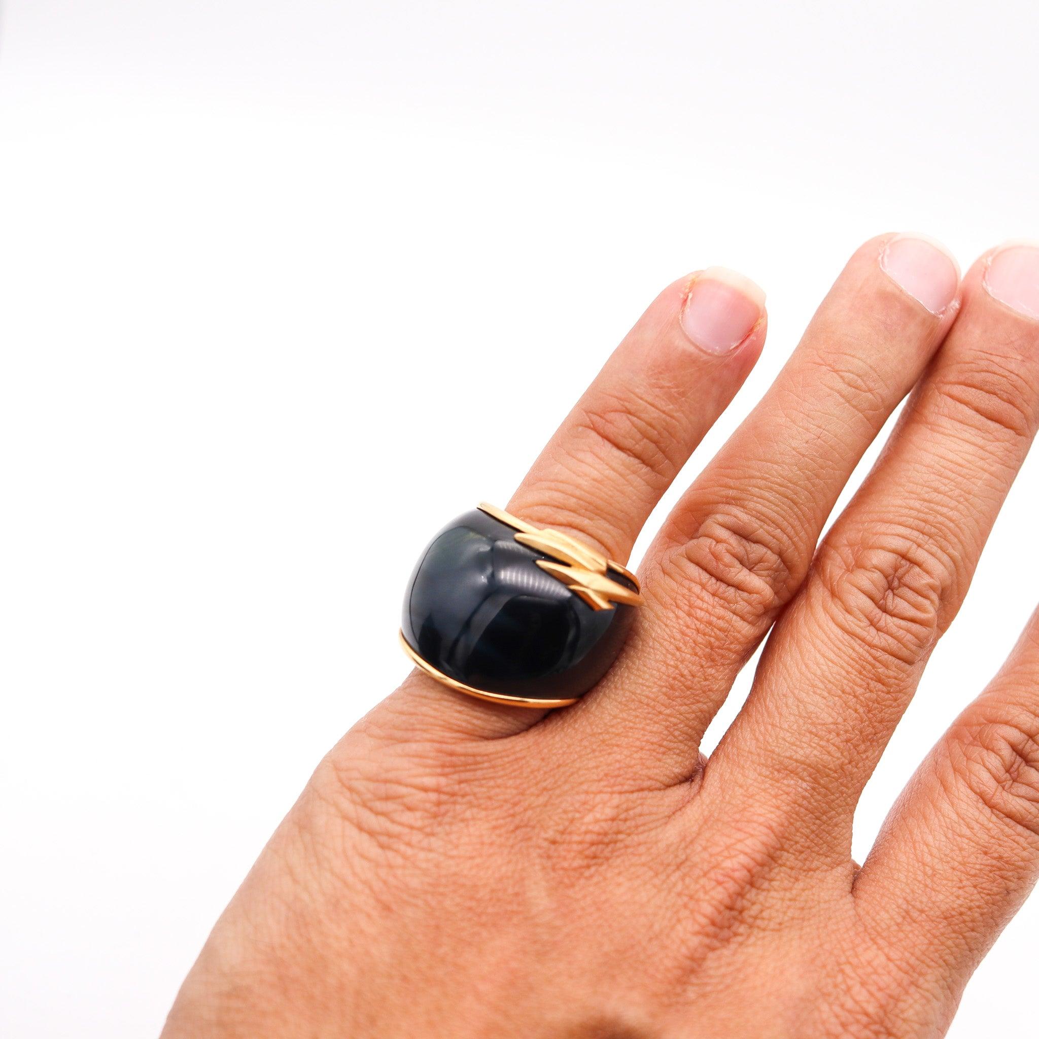 SWISS Sculptural Hawk Eye Gemstone Cocktail Ring Band In 18Kt Yellow Gold 1
