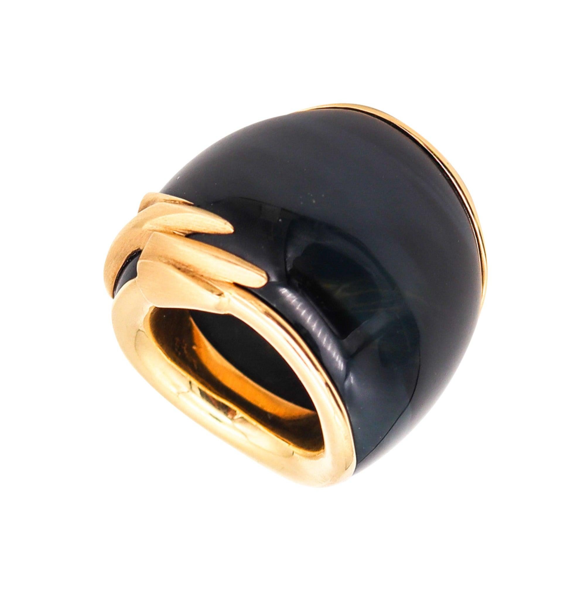 SWISS Sculptural Hawk Eye Gemstone Cocktail Ring Band In 18Kt Yellow Gold 2