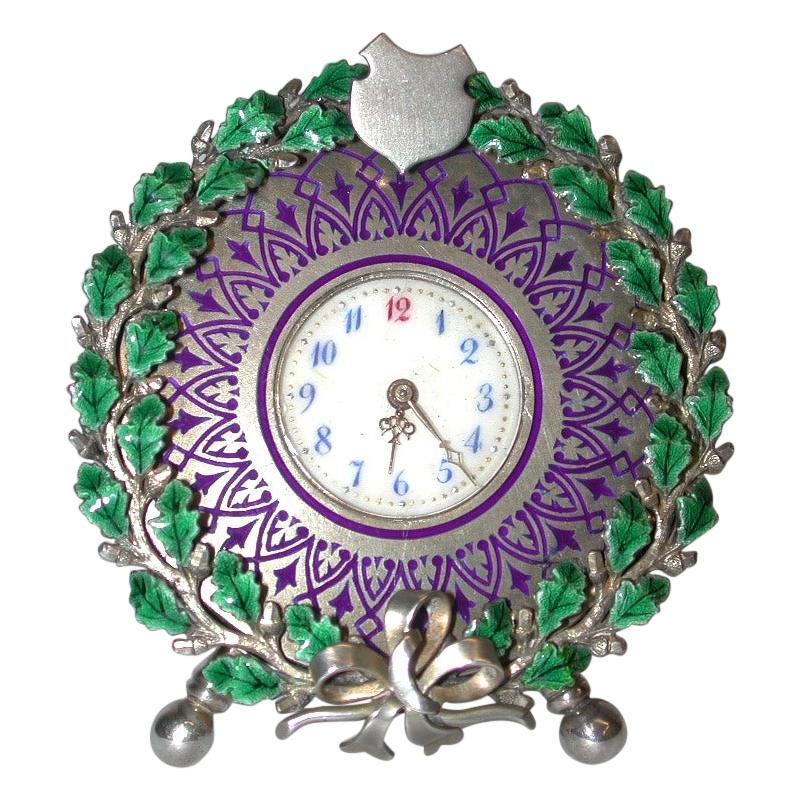 Swiss Silver and Enamel Dressing Table Clock, circa 1900 For Sale