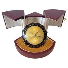 Swiss silver and Imperial Yellow guilloche enamel umbrella clock in Case