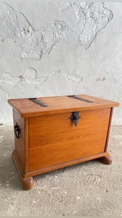 Swiss solid pine chest / holder with wrought iron fittings, Mid-20th Century