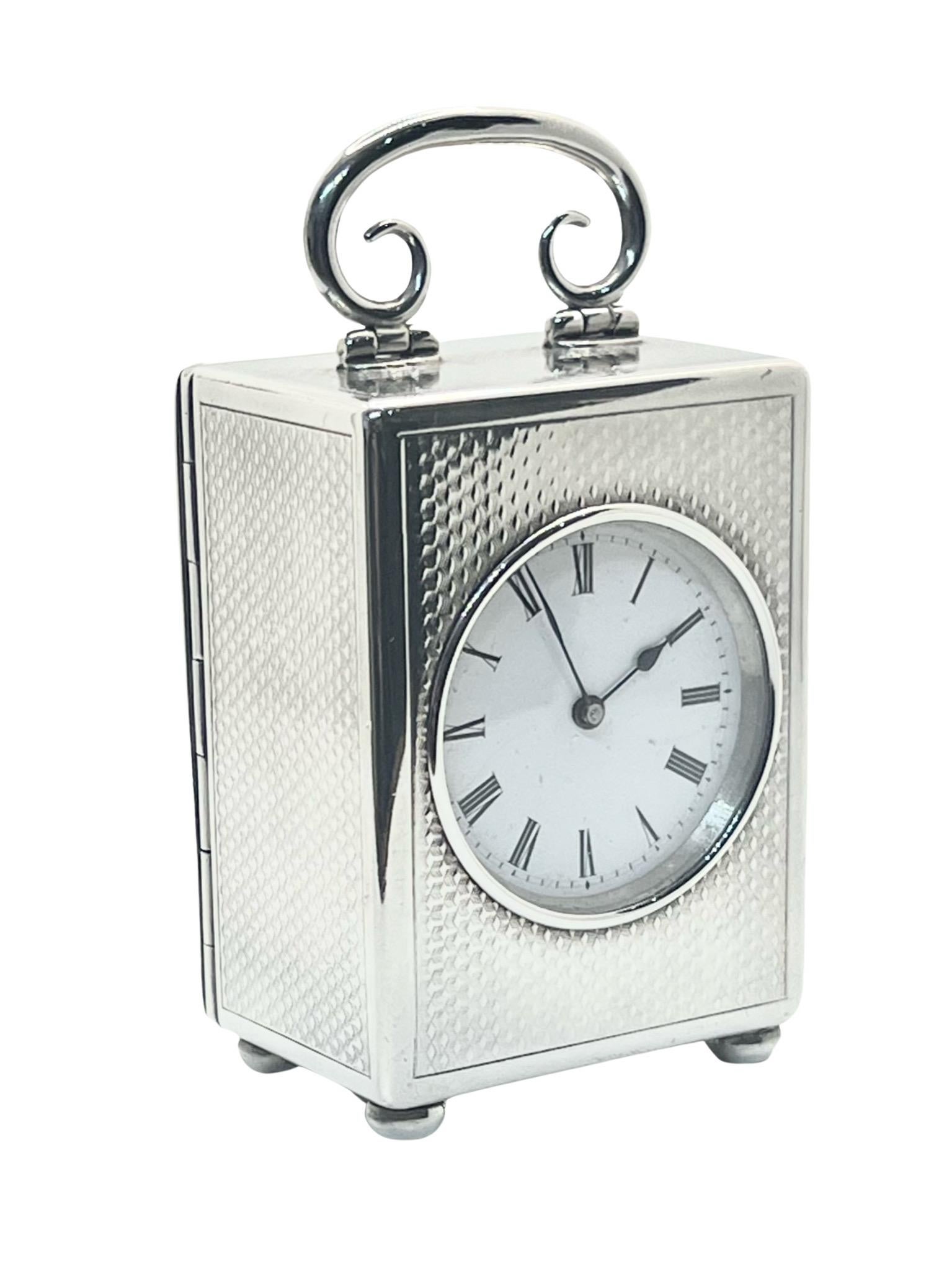 20th Century Swiss Solid Silver Miniature Timepiece Carriage Clock
