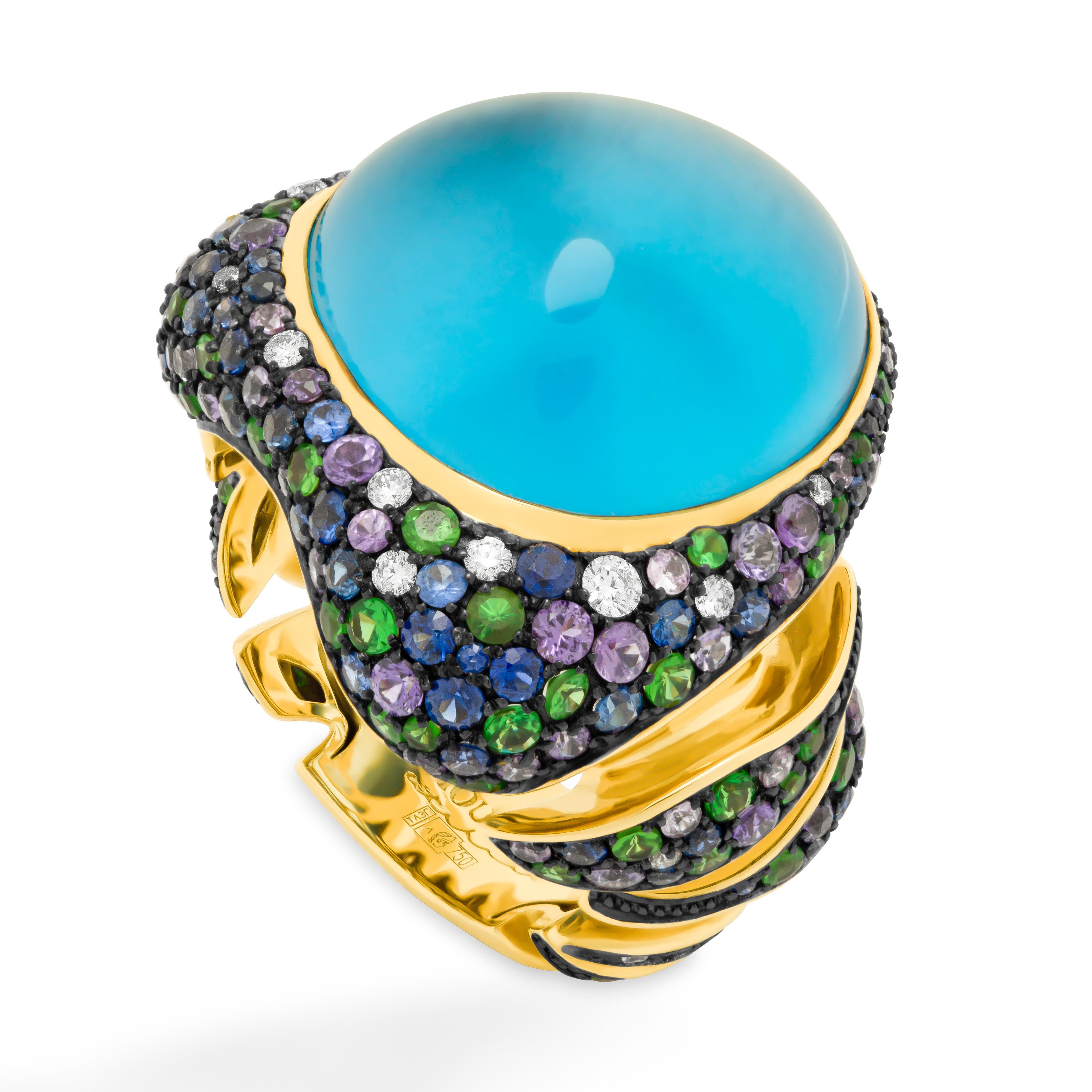 Swiss Topaz 25.86 Carat Diamonds Tsavorites Sapphires 18 Karat Yellow Gold Ring
All the colors of hot summer are collected in our Ring. Bright 60 tsavorites, 54 Purple, and 86 Blue Sapphires weighing total 1.80 Carat, 22 Diamonds, and a mixture of