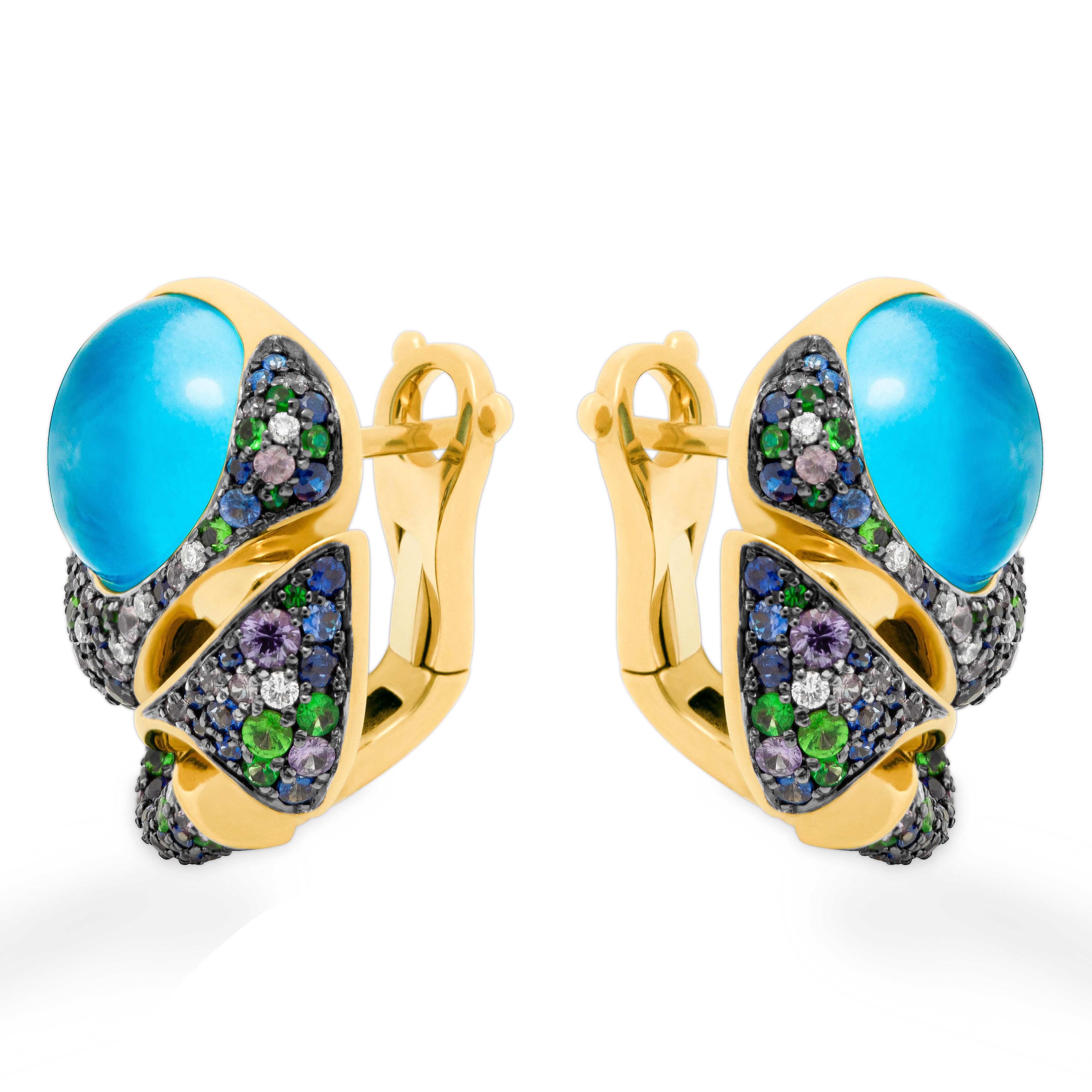Swiss Topaz 9.67 Carat Tsavorite Diamonds Sapphire 18 Karat Yellow Gold Earrings
All the colors of hot summer are collected in our Earrings. Bright 40 tsavorites, 56 Purple, and 74 Blue Sapphires, 20 Diamonds, and a mixture of 18 Karat Yellow and