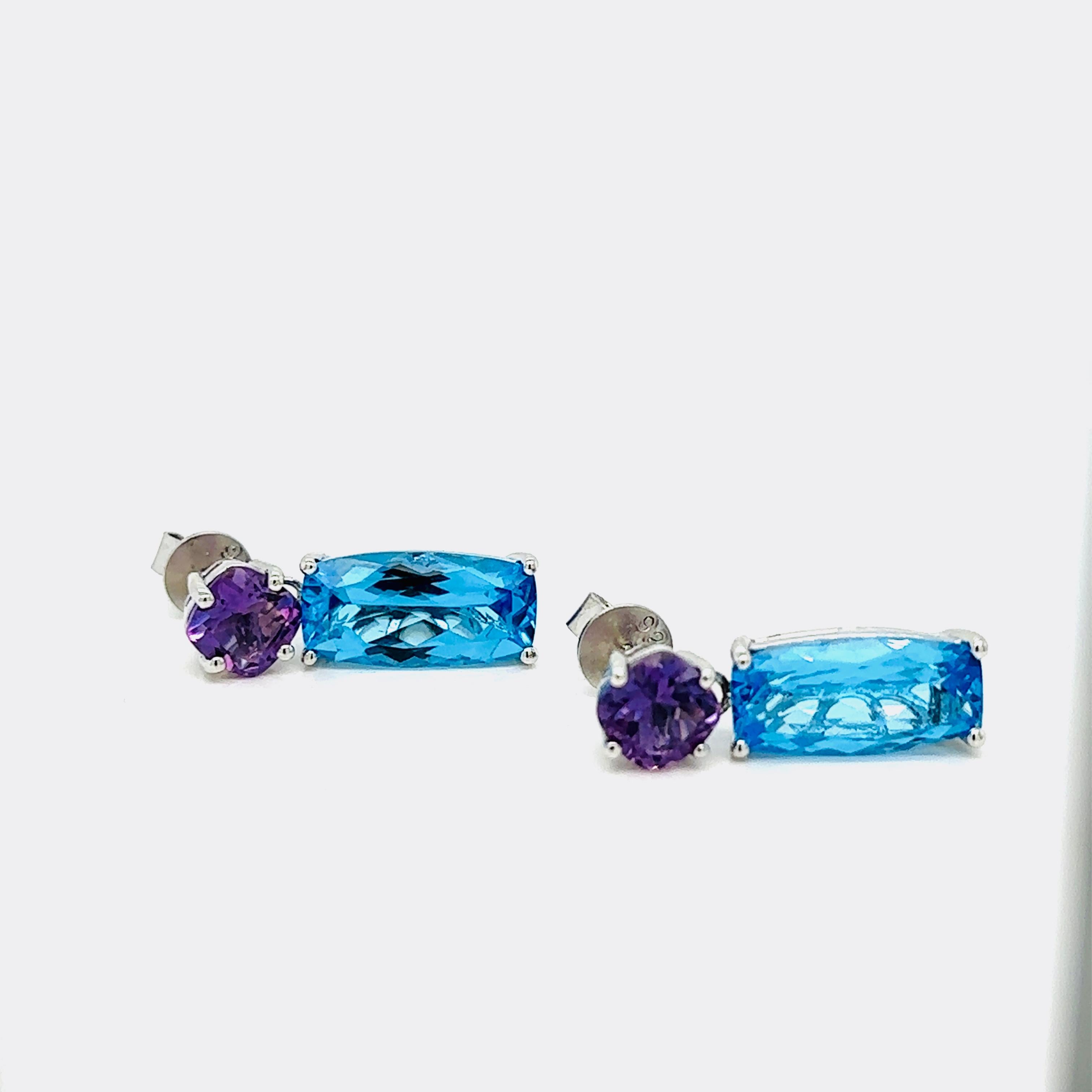 Modern Swiss Topaz and Amethyst combination Earrings in Sterling Silver For Sale