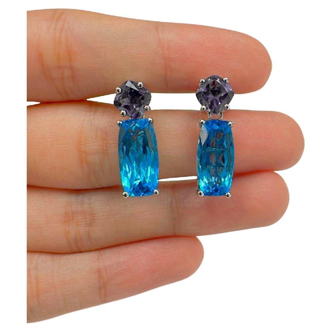 Taille coussin Boucles d'oreilles combinant topaze suisse et améthyste en argent sterling en vente