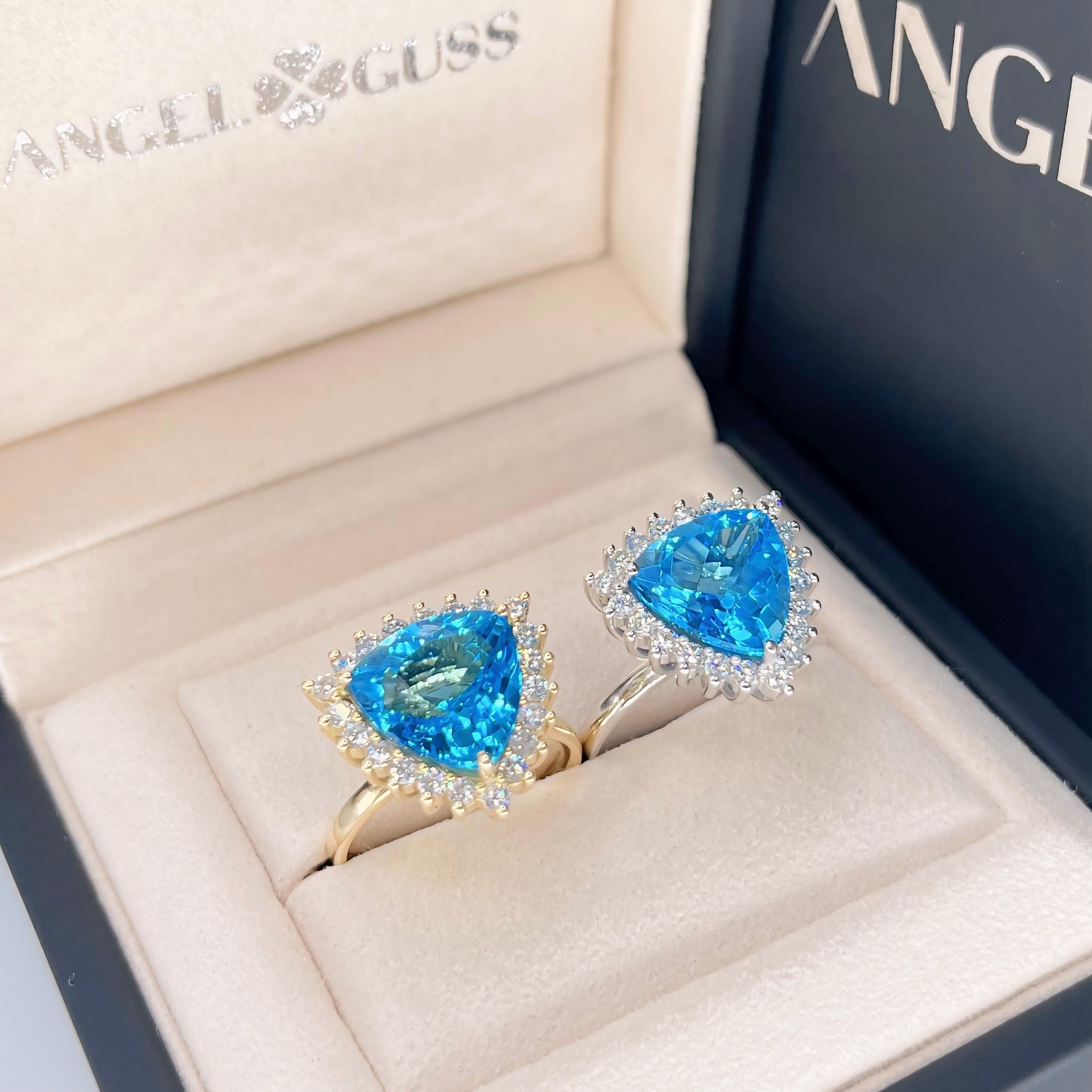 Trillion Cut Swiss Topaz & Diamond Ring - 18K Solid White Gold - Medium Size For Sale