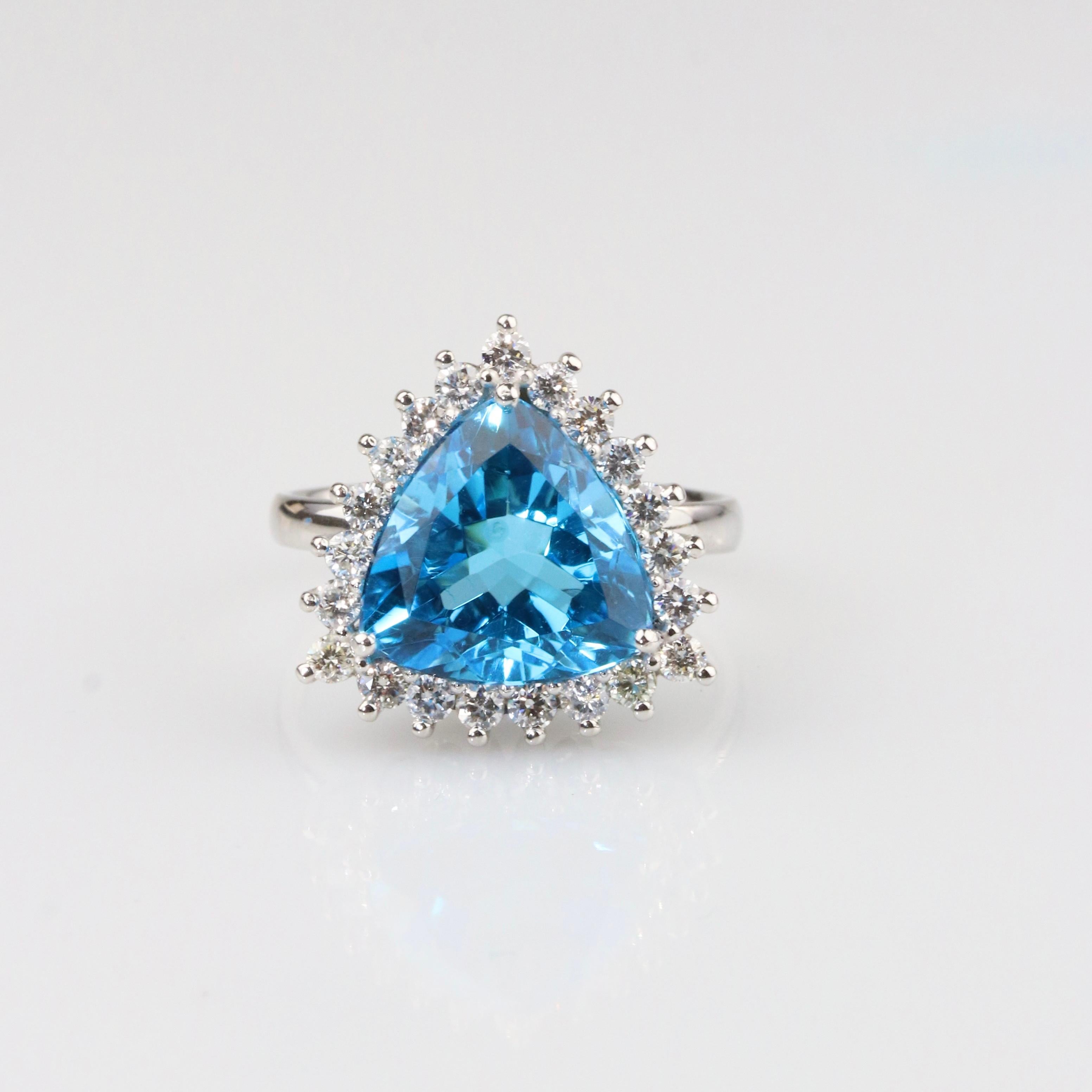 Trillion Cut Swiss Topaz & Diamond Ring - 18K Solid White Gold - Medium Size For Sale