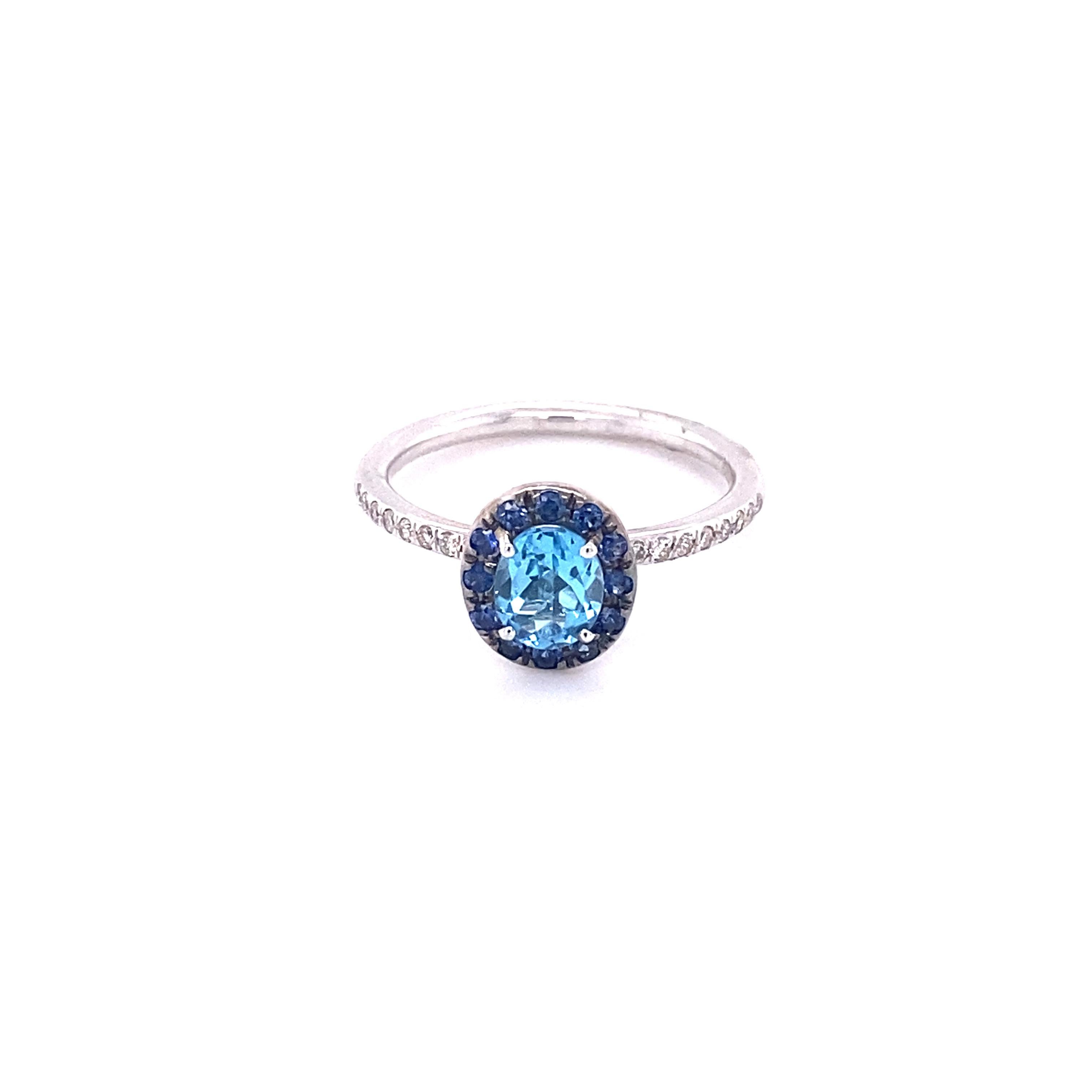 Swiss Topaz & Diamond Solitaire Ring with Sapphire Halo, Gemstone Solitaire Ring For Sale 5
